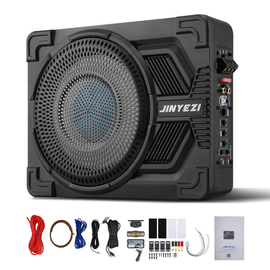 JinYeZi 10" 1200W Under Seat Subwoofers with Amp, Class D MOSFET Amp & Efficient Heat Dissipation Design, Independent Control for Low-Pass Filter/Gain/Bass Boost, Suitable for Trucks/SUVs/Jeeps/MPVs