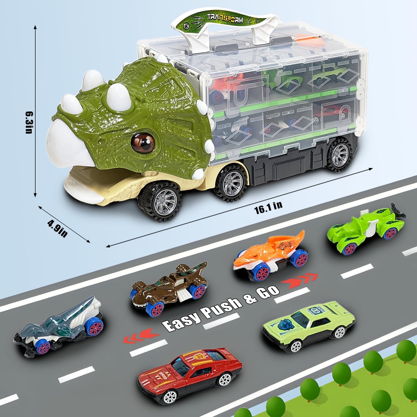 Dinosaur Toys for Kids 3-5,61 Inch Foldable Dinosaur Truck with 6 Dinosaur Cars,Dinosaur Truck Race Track with Lights & Sounds,Dinosaur Cars Set Birthday Gifts Toys for 3 4 5+ Year Old Boy and Girl