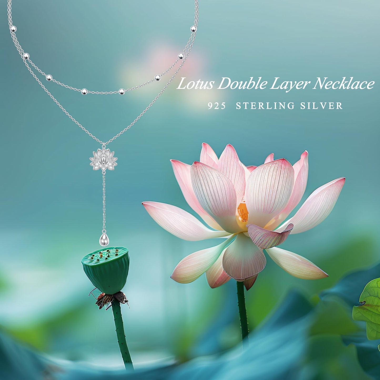 FLYOW Lotus Lariat Necklace for Women S925 Sterling Silver Yoga Flower Double Choker Y Layered Long Chain Necklace Birthday Valentine's Day Gifts for Yoga Lotus Lover Ladies Mother Wife