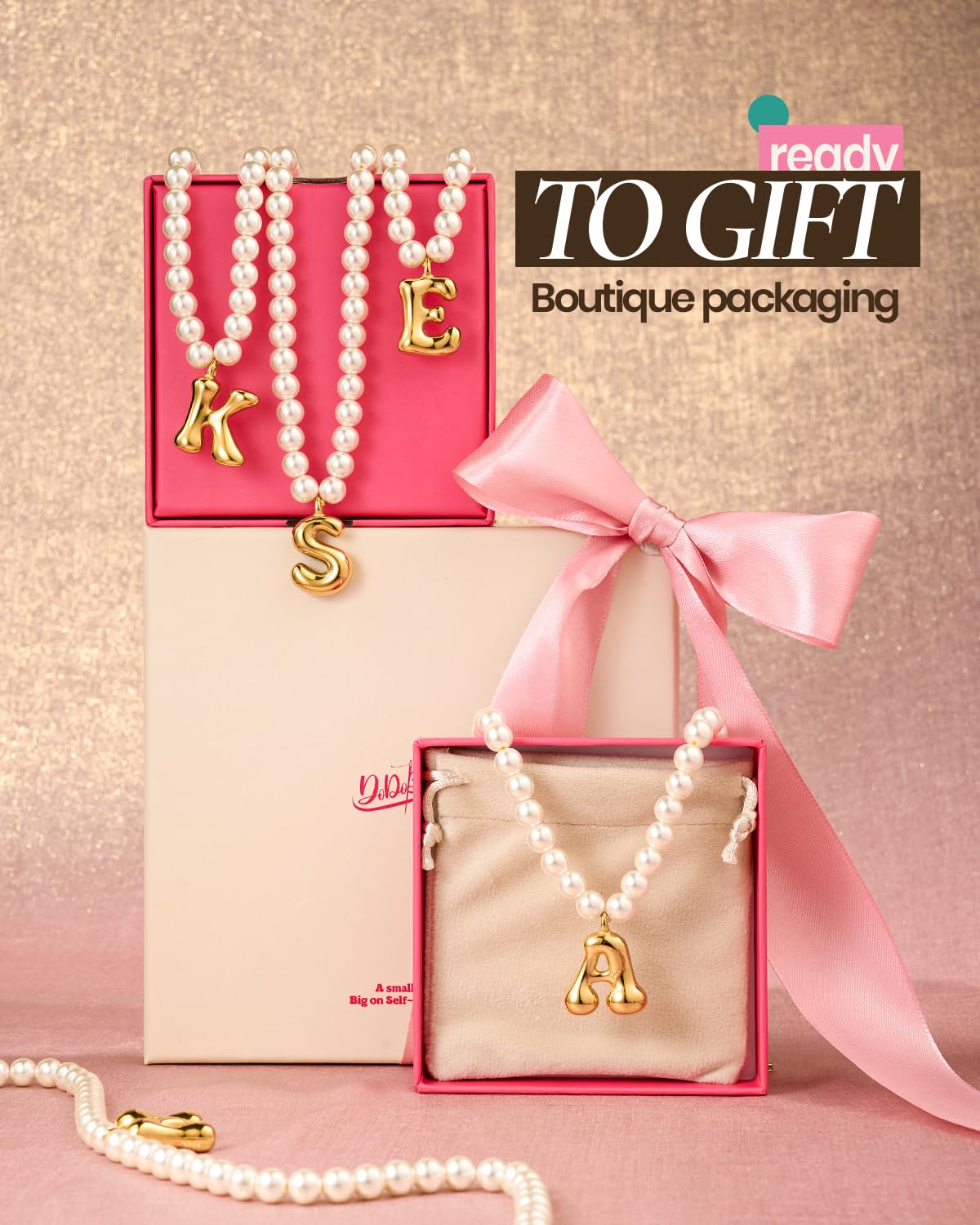 DoDoBeads Pearl Initial Necklace, 18K Gold Plated Stainless Steel Balloon Letter Pendant I, Non-Tarnish Waterproof Chunky Monogram Jewelry Gifts for Women Teens