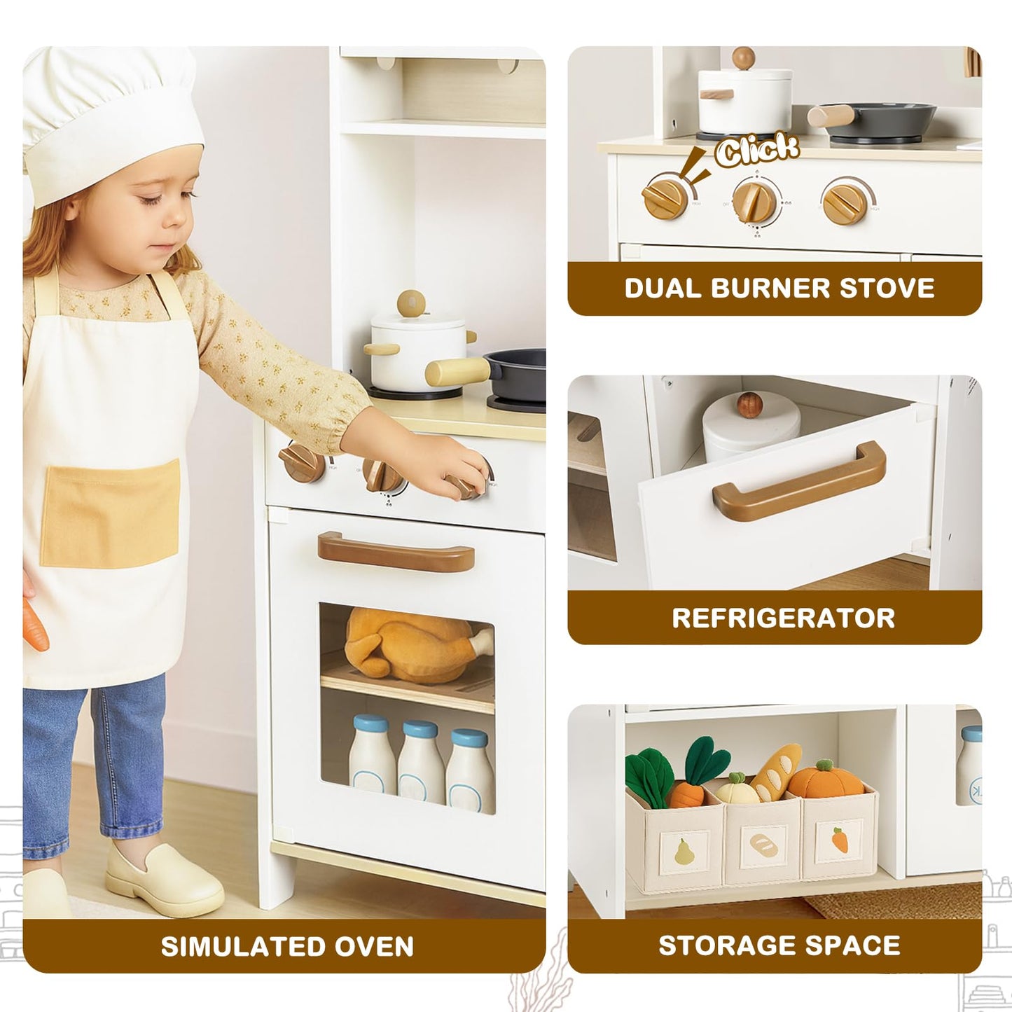 DREAM BUILDING Dual-Sided Play Kitchen for Kids Toddlers, 2-in-1 Grocery Store&Wooden Toy Kitchen Set with Coffee Machine,Pretend Kitchen Play Set with Microwave, Oven, Gift for Boys Girls