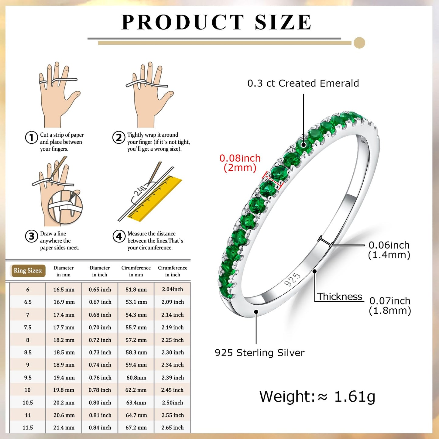 AGRULE 1.4mm Dainty Wedding Band Sterling Silver White Gold Plated Bezel Set 5A Cubic Zirconia Rings Emerald Birthstone Ring for Men Women, Size 8