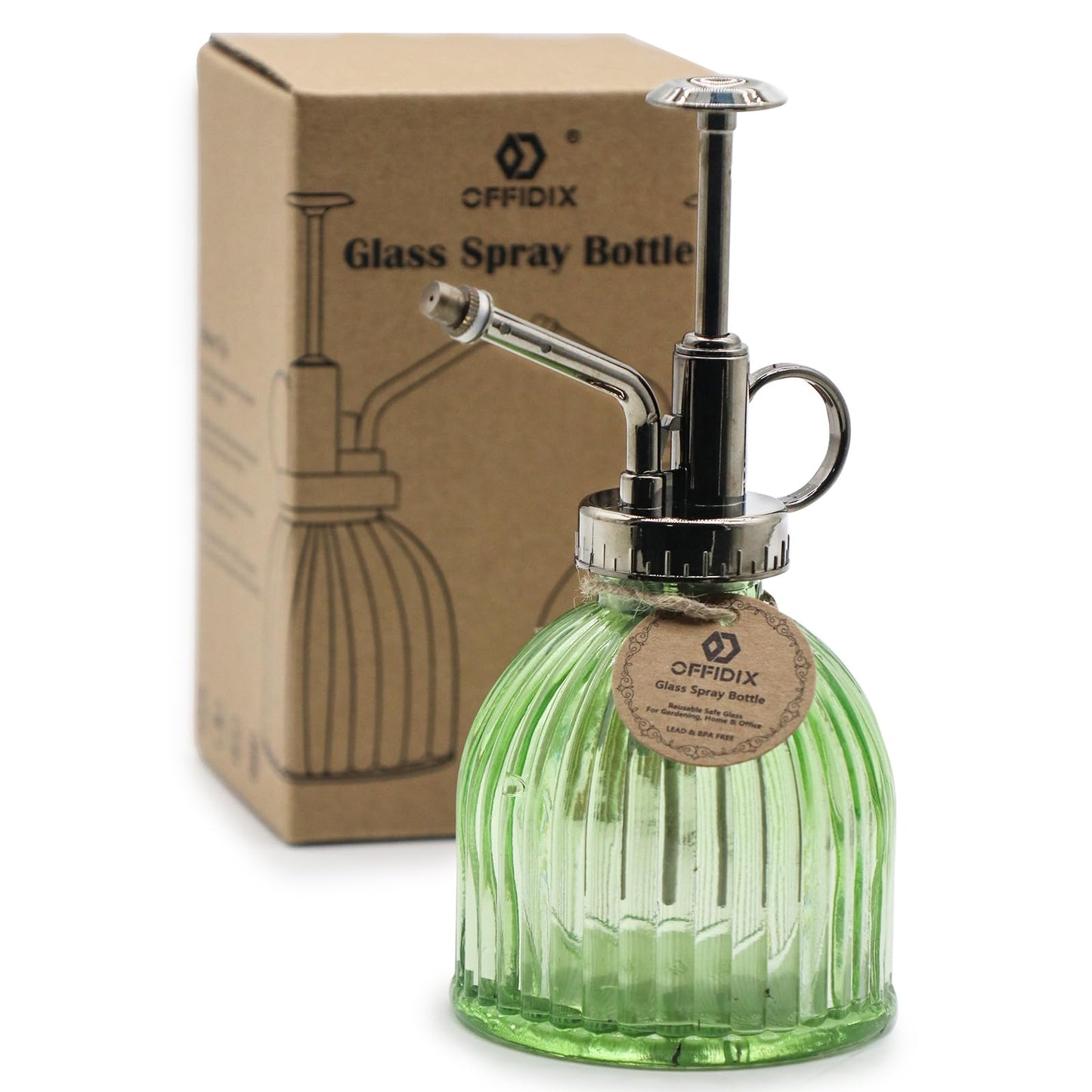 OFFIDIX Glass Plant Mister, 6.3 Inches Tall Vintage Style Spritzer Bronze Plastic Top Pump One Hand Watering Can Indoor Plant Spray Bottle for Garden, Plants, Cleaning (Light Green)