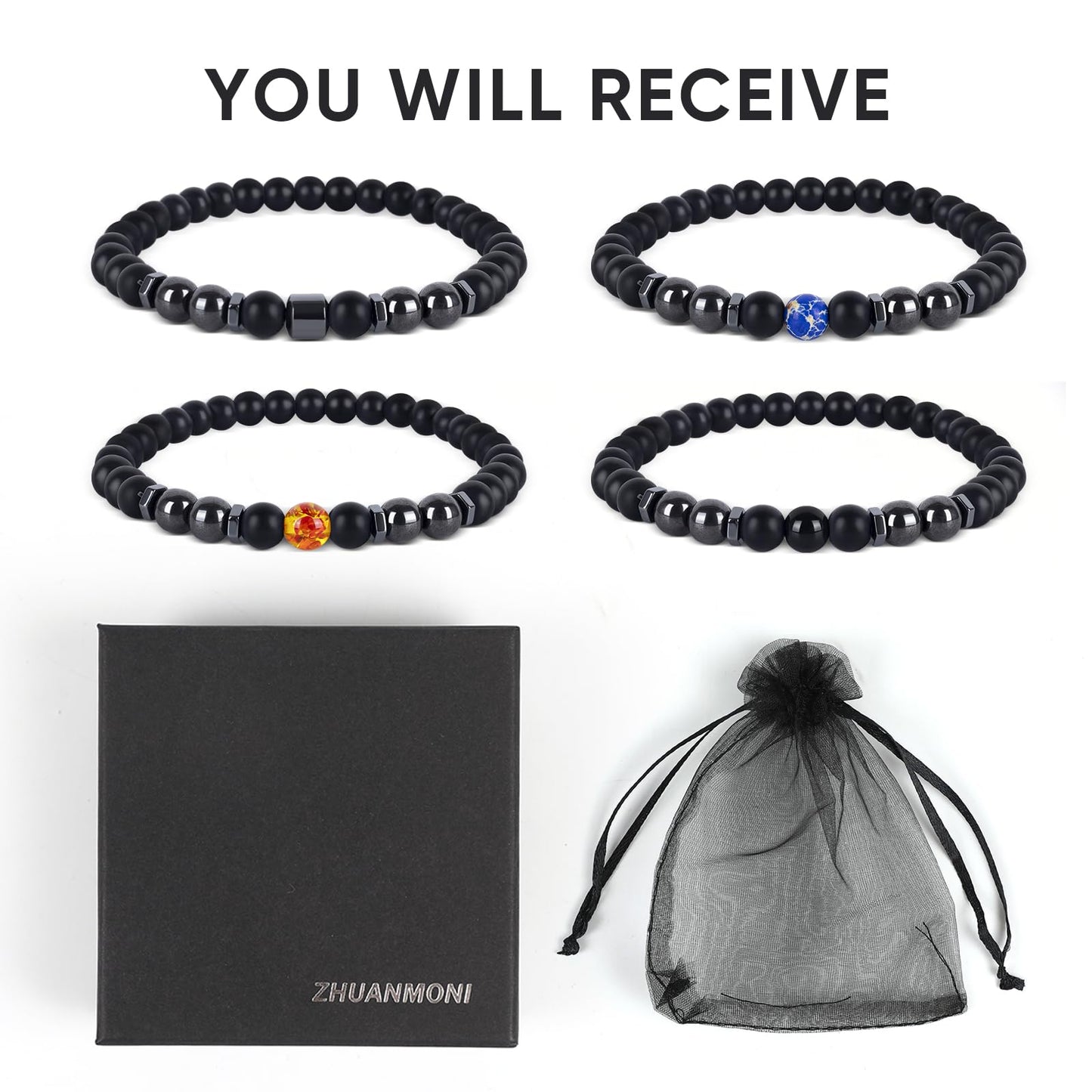 ZHUANMONI Anti-Swelling Black Obsidian Anklet, 4Pcs Magnetic Therapy Ankle Bracelet, Obsidian Beaded Bracelet For Men/Women Gifts