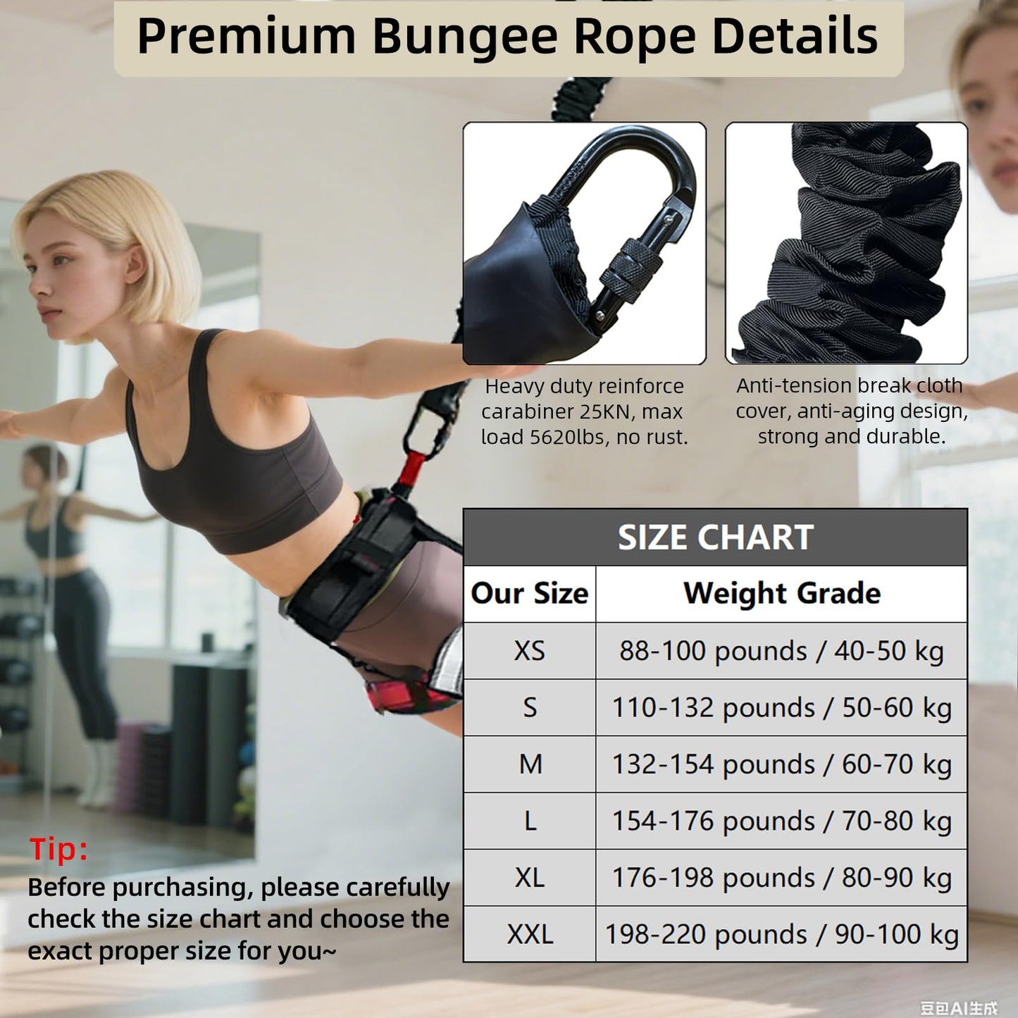 PRIORMAN Professional Bungee Dance Fitness Kit, 6 Sizes, CE Certified Complete Harness Set with Resistance Band & Hanging Hardware for Suspension Training Home & Studio(S)