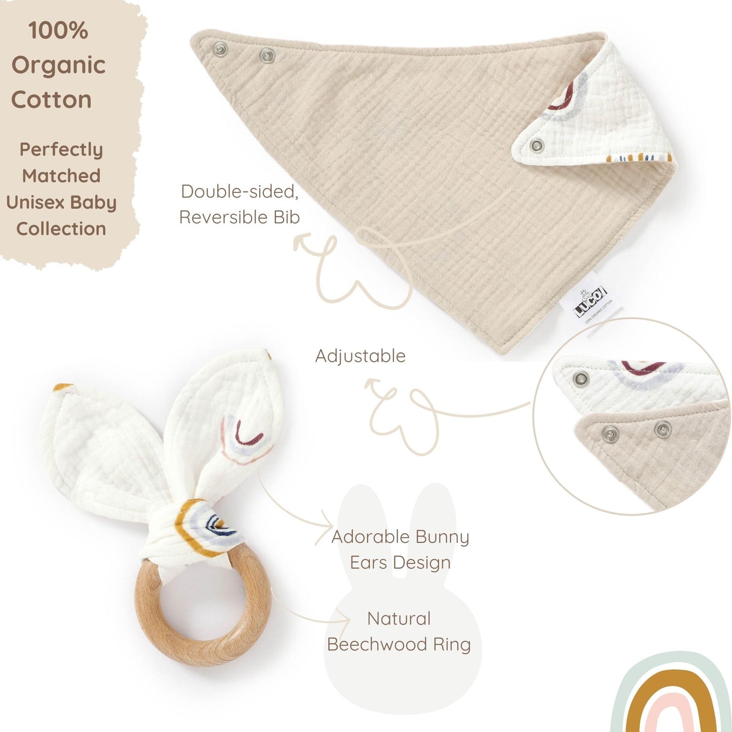 LUCOI Organic Cotton Baby Gift Set – 4 Piece Muslin Bunny Lovey Blanket + Teether Ring + Bandana Bib + Announcement Card | Gender Neutral Newborn Gift Box | Organic Lovey for Babies