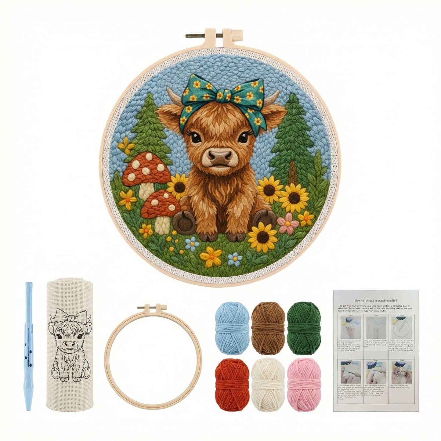 ZMHKJZDQ Punch Needle Kits for Beginners,DIY Punch Needle Embroidery with Fabric, Hoops, Yarns and Sewing Needles for Adults Children Festival Gift and Home Decor, 20x20cm (Bow Highland Cow)