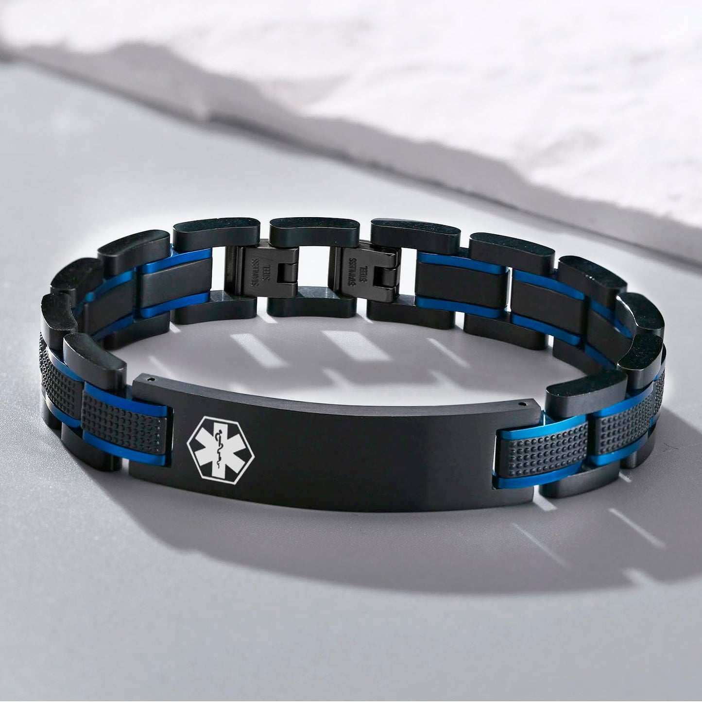 Free Custom Engraving Medical ID Bracelet 2-Tone Blue Black Titanium Steel Masculine Elaborate Men's Medical Alert Bracelet Wristband Jewelry for Dad Husband Customizable & Waterproof