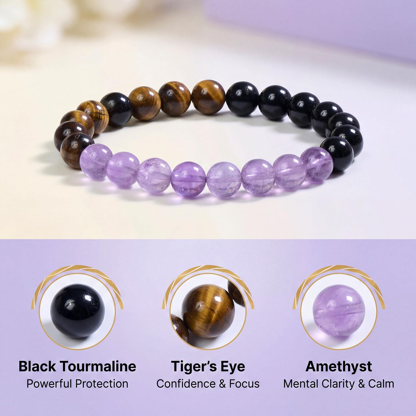 Bivei No Negativity Bracelet, Strength Crystal Healing Bracelet 8MM with Black Tourmaline & Amethyst & Tiger Eye - Spiritual Stretch Beaded Jewelry for Women Men Gift