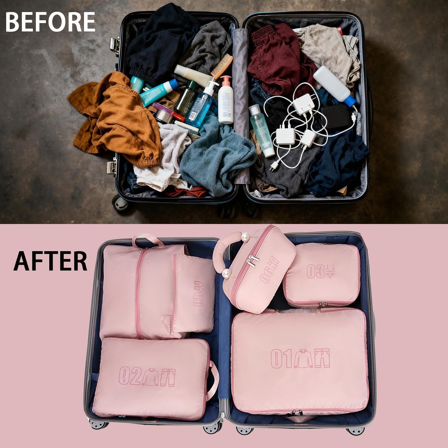 6 Set Compression Packing Cubes for Travel, Gifts for Women Mom, Anti-Tearing Suitcase Organizer for Luggage with Shoe & Hanging Toiletry Bag, Vacation Essentials & Accessories for Cruise Ship, Pink