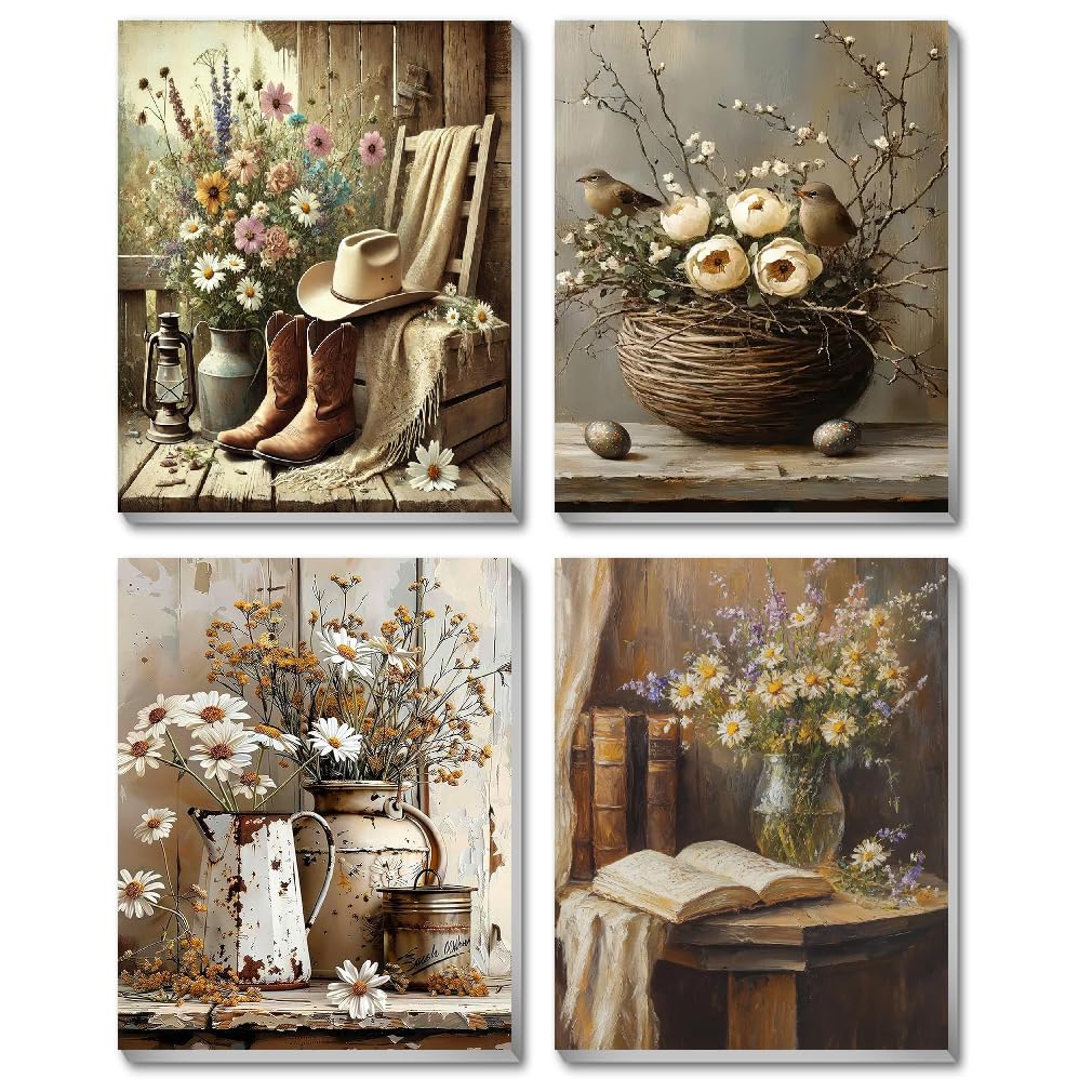 VIGEGU 4 Pack Paint by Numbers Kit for Adults Beginner with Frame Retro Floral,Paint by Numbers Oil Painting DIY Crafts for Adults Home Wall Decor 9.5x11.8inch
