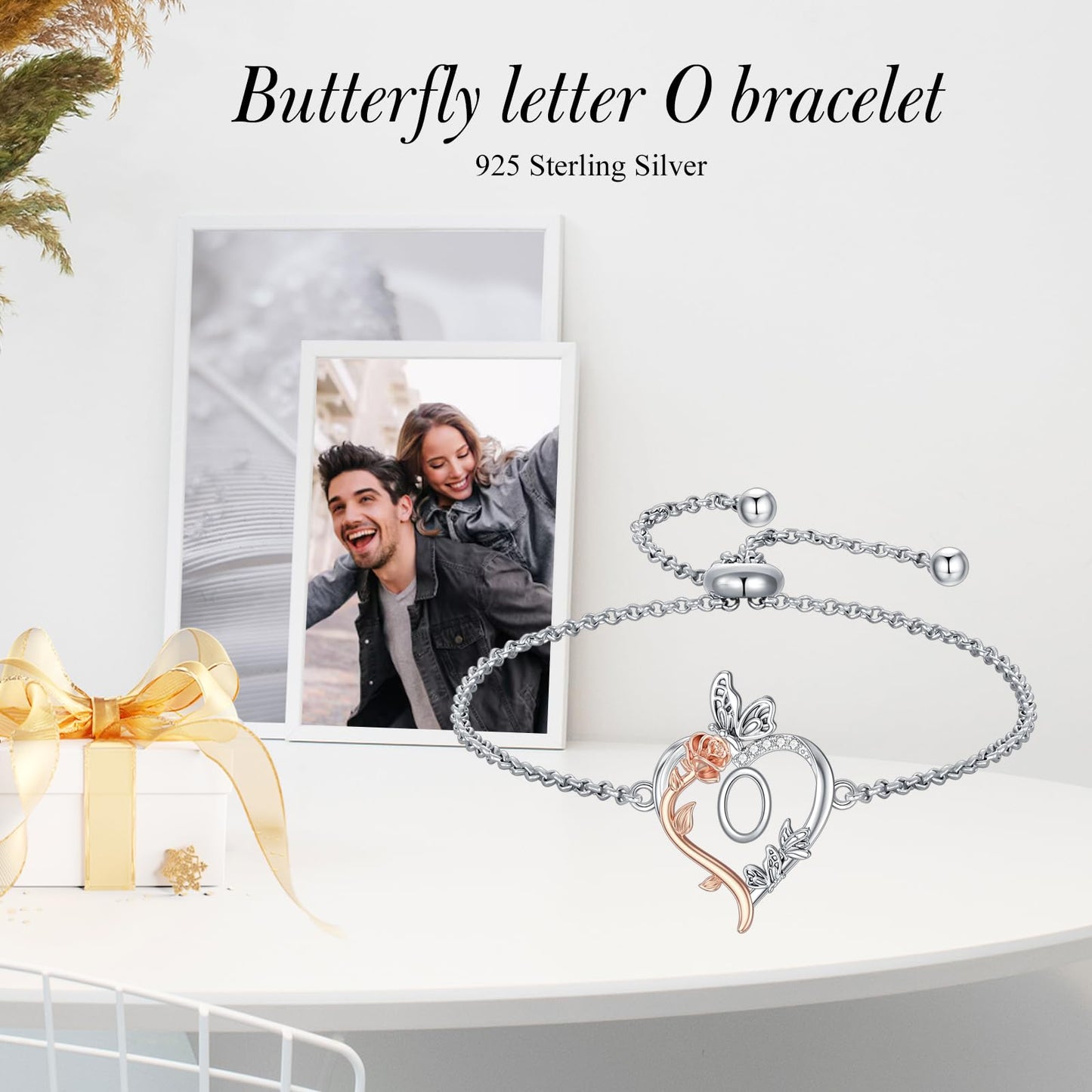 TOUPOP Rose Heart Bracelet for Women Sterling Silver Heart Initial O Letter Bracelet Butterfly Love Jewelry Anniversary Birthday Mothers Day Gifts for Mom Wife Her Girlfriend