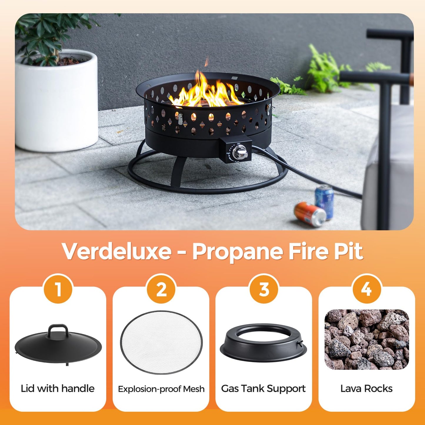 Verdeluxe 22 Inch Portable Propane Fire Pit,Gas Fire Pit for Outside with Lid & Handle, Smokeless Gas Firepit Bowl with Lava Rocks,Outdoor Propane Firepits for Camping,Patio,Yard,Bonfire.(Black)