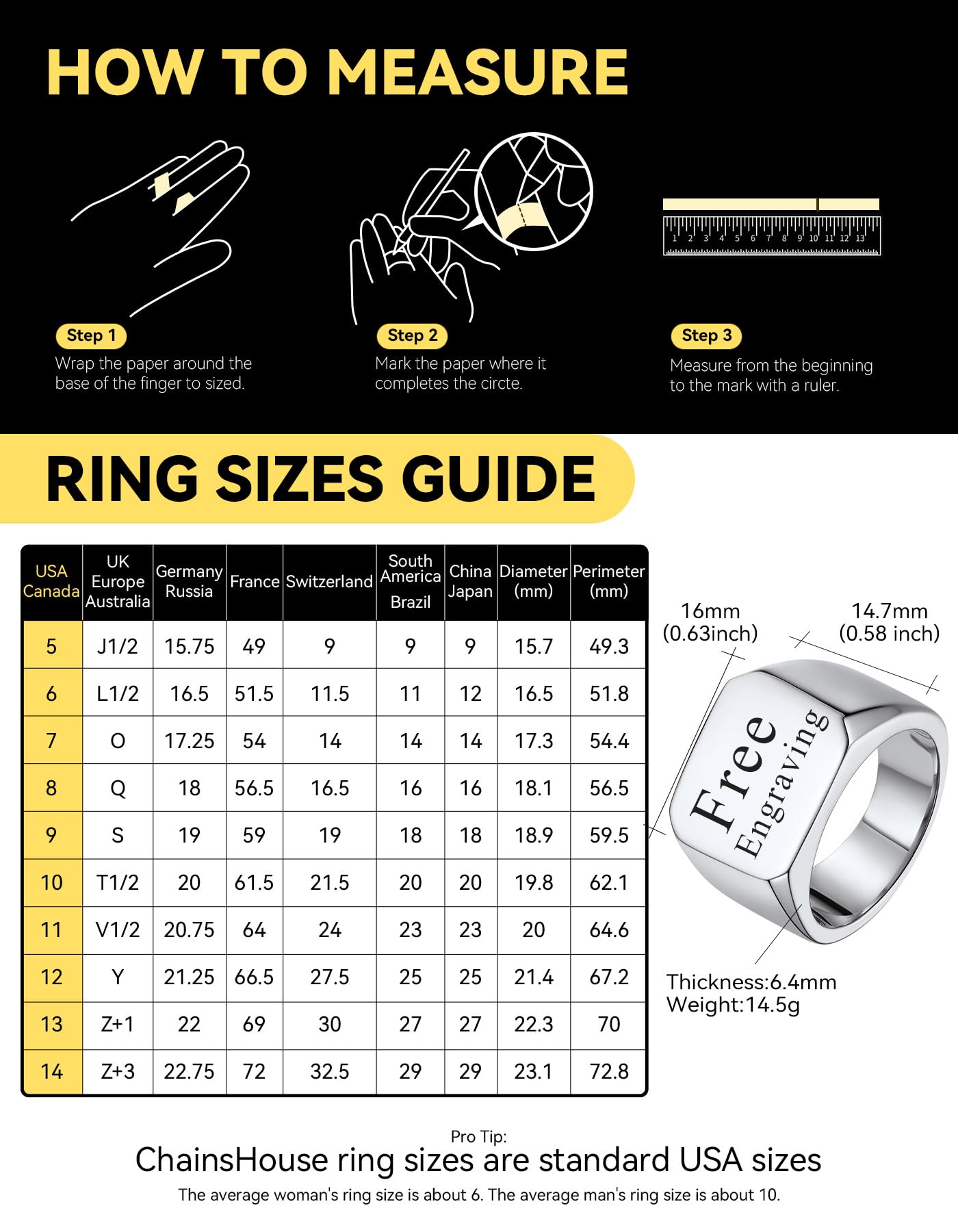 ChainsHouse Personalized Signet Rings Stainless Steel Biker Ring for Men Women, Solid Polished Statement Hip Hop Custom Thumb Ring, Size 14