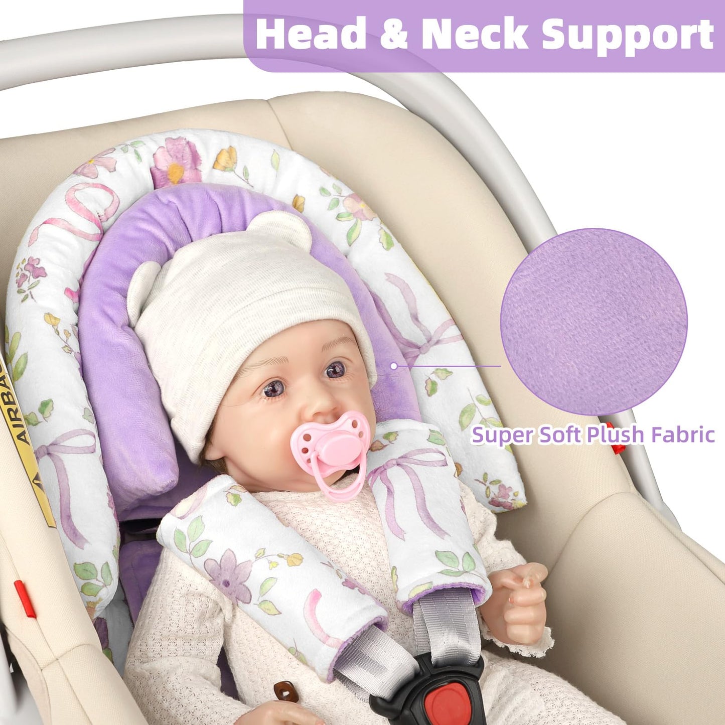 SWESEN Infant Car Seat Insert & Strap Covers, Car Seat Head Support for Baby Girls, 2 in 1 Soft Plush Car Seat Insert for Newborns, for Infants Aged 0-12, Purple Bow