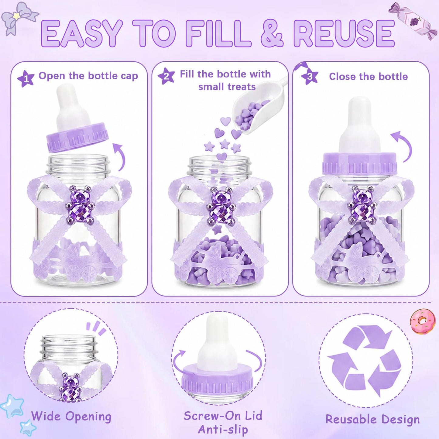 MACTING 2 Dozens 3.5 Inch Feeding Bottle Candy Box with 5Pcs Artificial Flower Rose for Baby Shower Favor Gift Decoration (Purple)