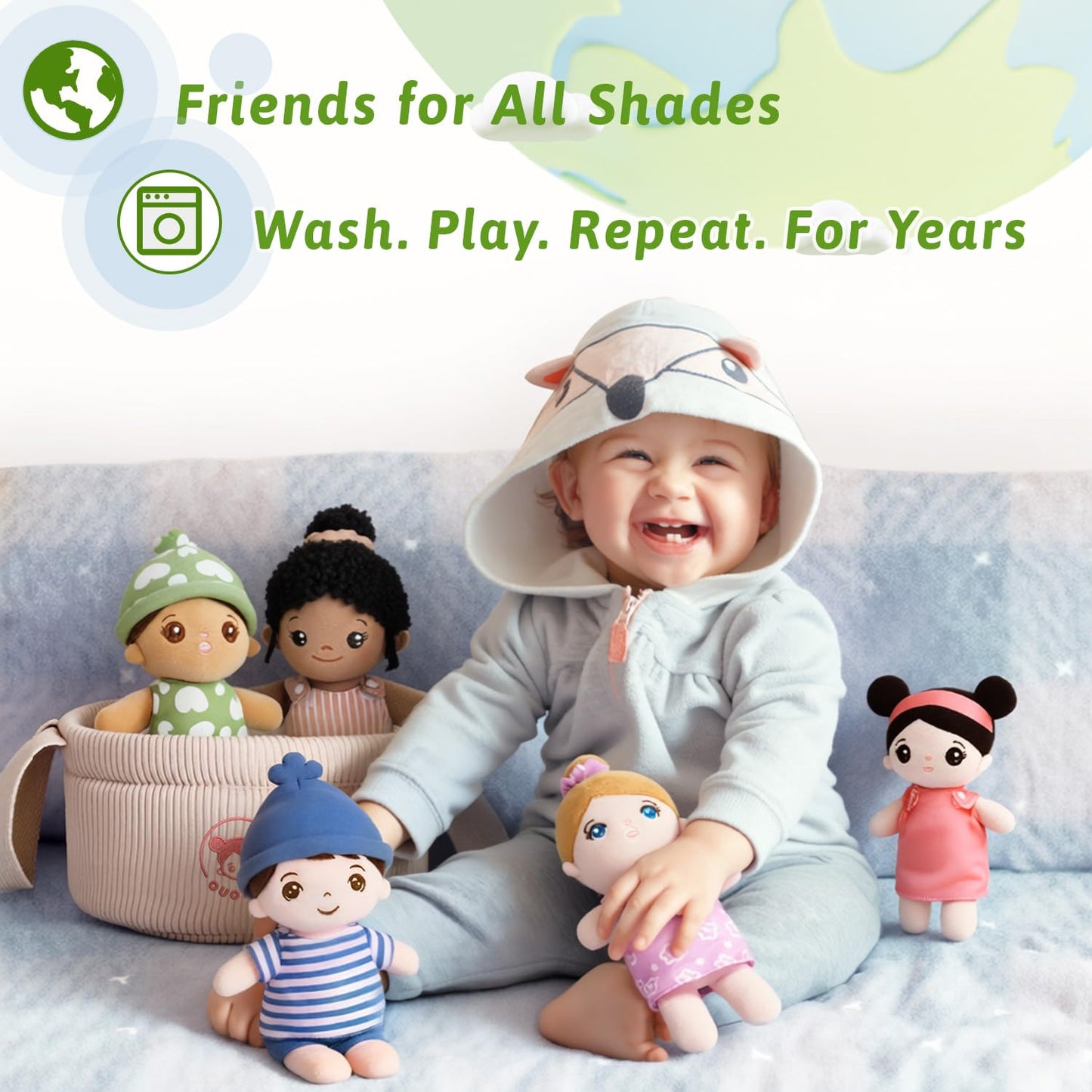 OUOZZZ Soft Baby Dolls – Set of 5 Multicultural 8.8″ Plush Dolls in Basket | Diversity Ethnic Snuggle Toys for Toddlers, Preschool, Daycare & Home
