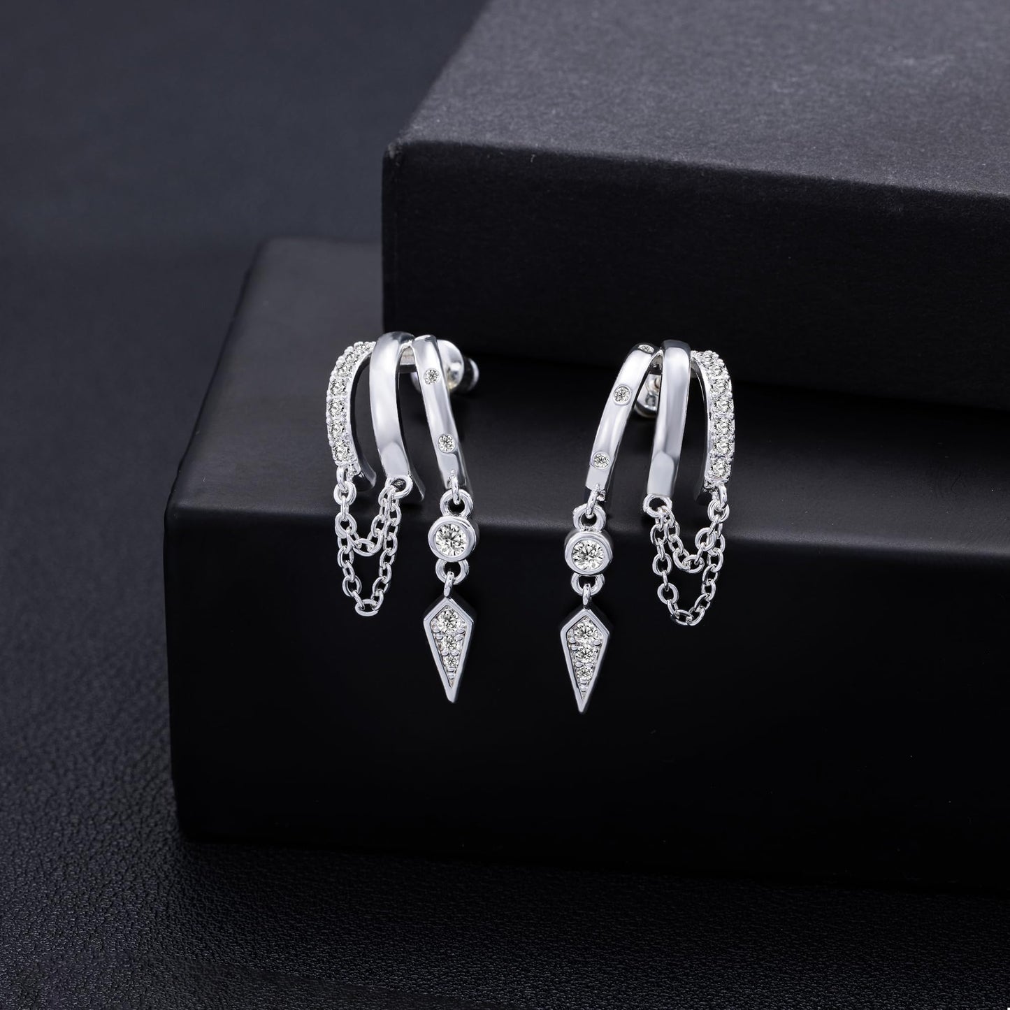 Freekiss Silver 3 Hoop Illusion Huggie Earrings for Women, Dainty Dangle Drop Chain Stud Earrings with Zircon, Sterling Silver Plated Hypoallergenic Women Jewelry Trendy
