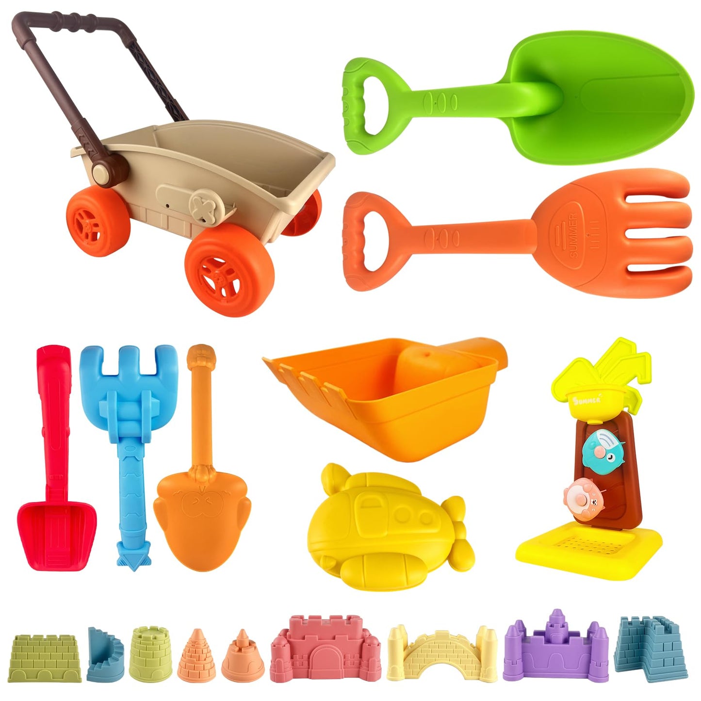 IOKUKI 19 PCS Sand Toys with Extra Large Mesh Bag Including Sand Wagon, Water Wheel, Large Shovels & Rakes, Molds, Castle Kit, Outdoor Beach Toys Tool Set for Kids, Toddlers, Boys and Girls Age 3+