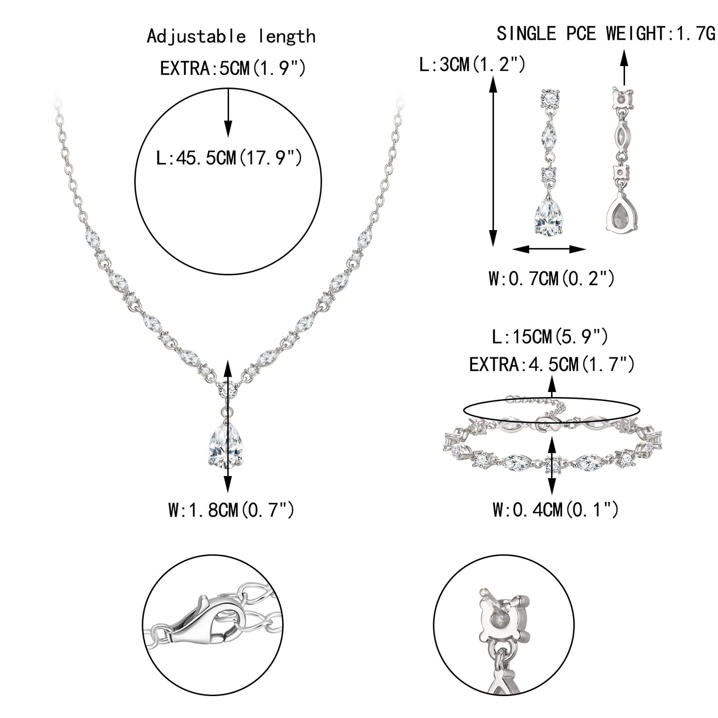 EVER FAITH Teardrop Cubic Zirconia Bridal Jewelry Sets for Bride, Sparkly CZ Elegant Pendant Necklace Dangle Earrings Bracelet Set for Women Clear Silver-Plated-Brass