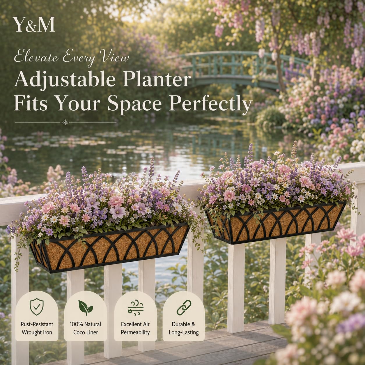 Y&M 4pcs 24 Inch Planter, Metal Window Boxes with Coco Liner, Indoor Outdoor Hanging Flower Planter for Garden, Lawn, Balcony, Porch, Fence, Patio Rail