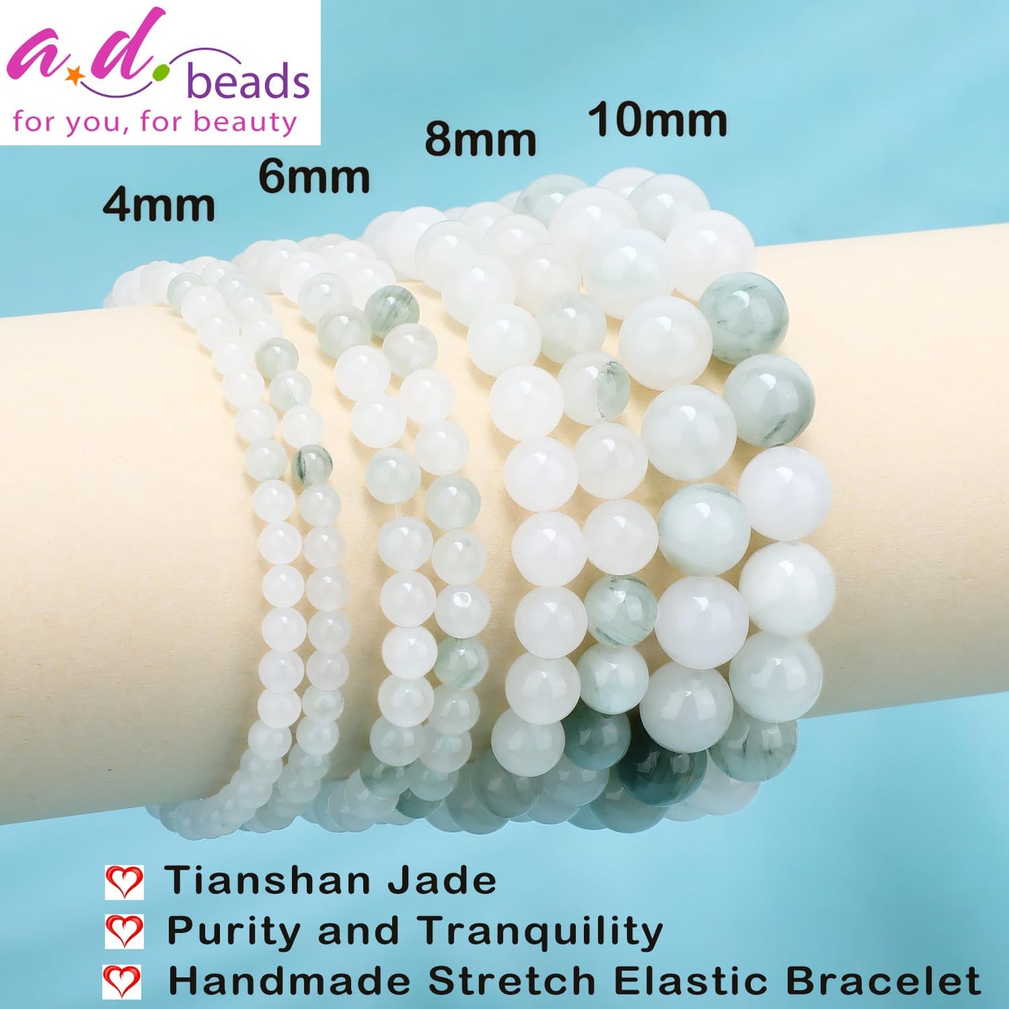 AD Beads 8mm Handmade Tianshan Jade Elastic Bracelet – Natural Gemstone for Purity and Tranquility – Meditation, Yoga, Healing and Energy Gift for Men Women