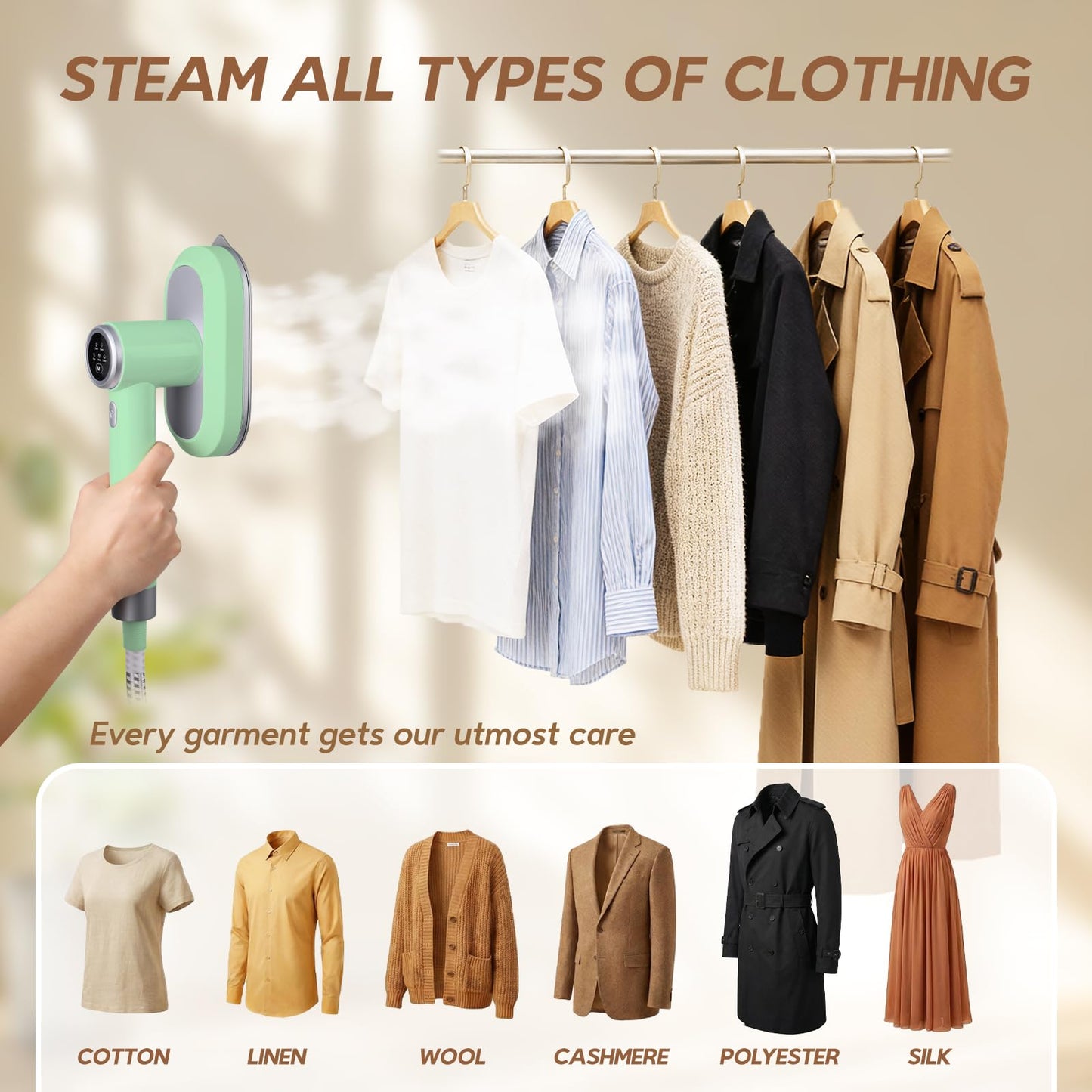 WellMall 2 In 1 Steamer for Clothes: 1550W Powerful Steamer with 1100ml Detachable Tank, 30s Fast Heat-Up, Horizontal & Vertical Use, Portable Wrinkle Remover for Clothes Drapes Bedding (Green)