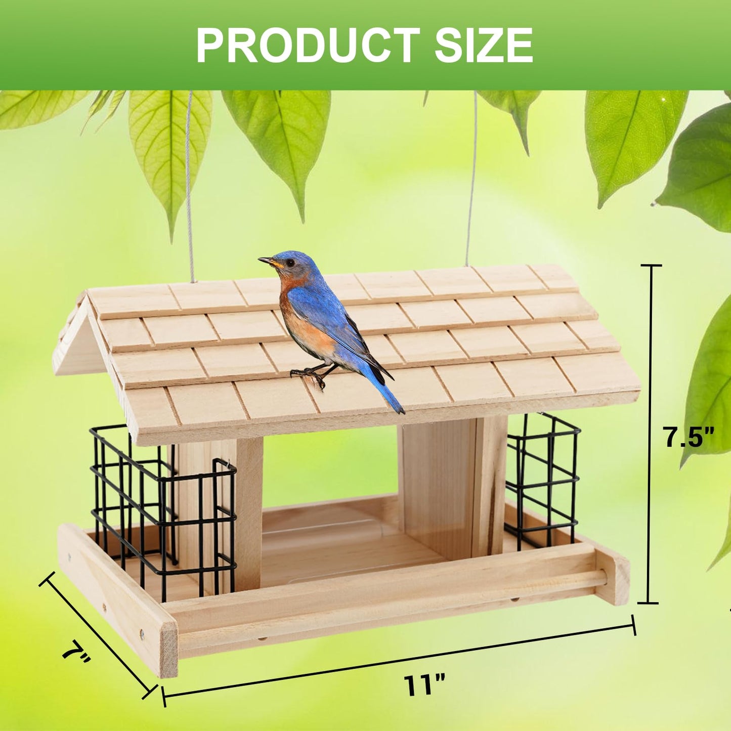 Liawm Wooden Bird Feeder for Outdoors Hanging Mount Large Capacity, Pine Garden Roof Feeder with 2 Suet Cages, Cardinal Bluebird Birdfeeder for Garden Decoration Yard, Weatherproof Durable
