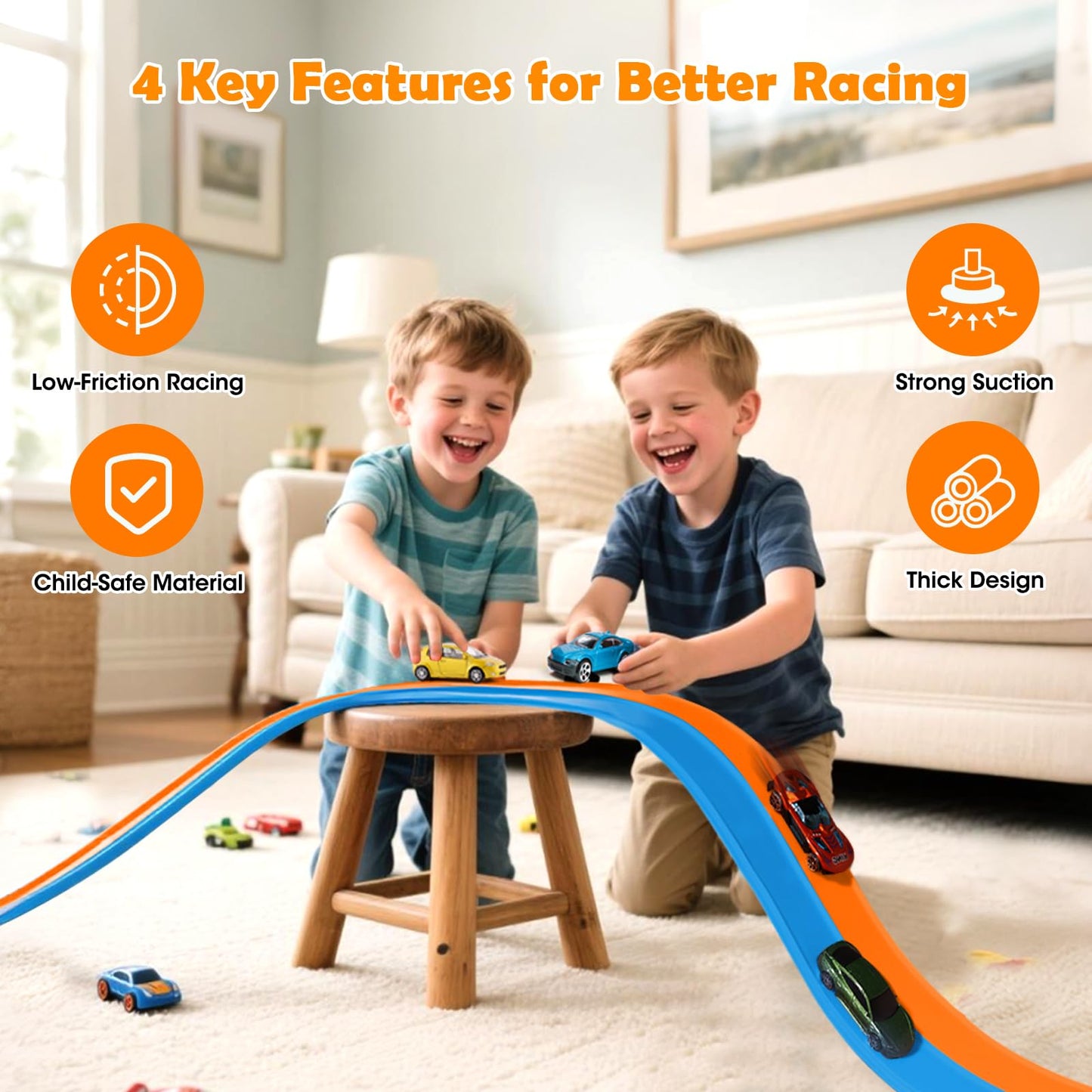 15 Ft Flexible Race Track for Kids 3+, Certified Safe Flex Race Car Ramp, Portable Roll-Up Toy Track Starter Set with Strong Suction Cups for 1/64 Diecast Cars, Great Gift for Boys and Girls