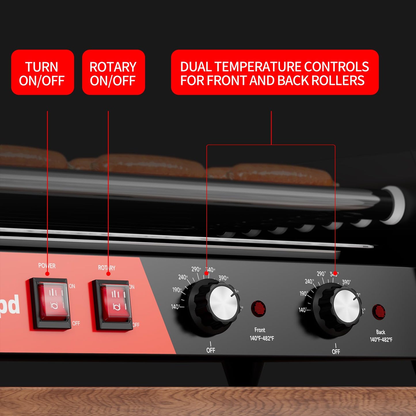 Hot Dog Roller 5 Rollers 12 Hot Dogs Capacity, 750W Stainless Steel Hot Dog Roller Machine with Dual Temp Control,Removable Drip Tray for Party Home Commercial (5 Rollers)