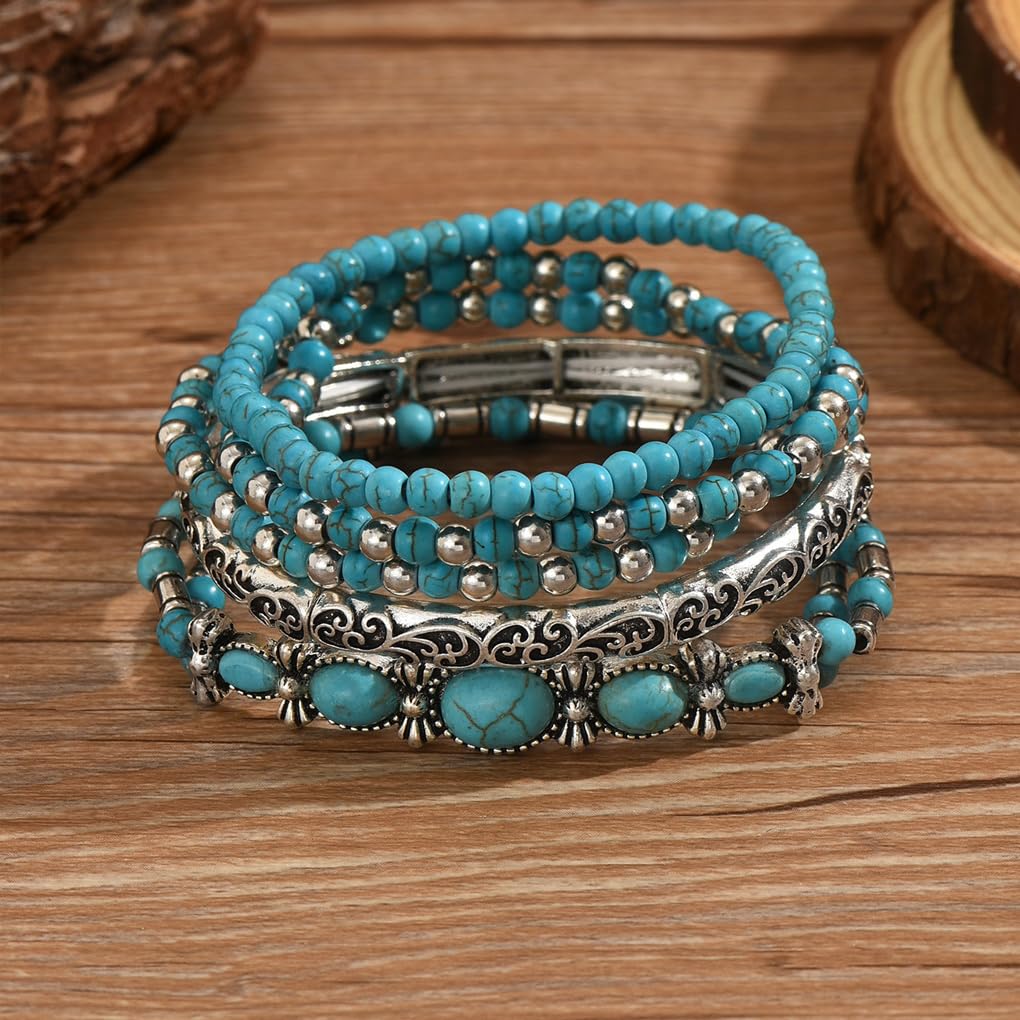 Navirix Western Bracelet for Women,Boho Turquoise Beaded Stackable Elastic Bracelets Set,Vintage Concert Country Cowboy Jewelry Accessories(Oval)