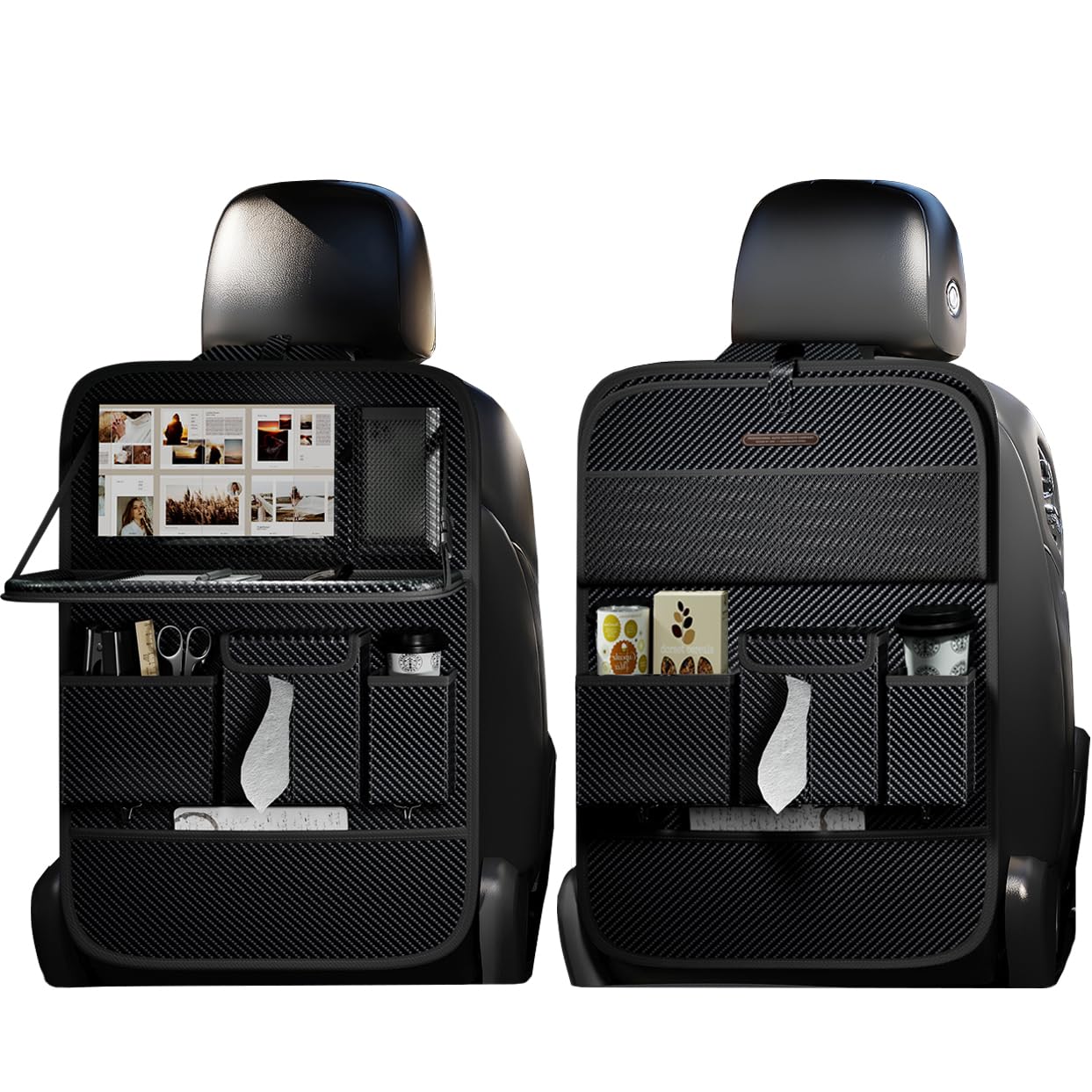 XDV Car Seat Organizers,Multi-functional Back Seat Protectors, Storage Pouches, and Tray Holders (for Cars, Kids, Seat Back and Rear Seats) (Carbon Fiber, 2 Pcs)