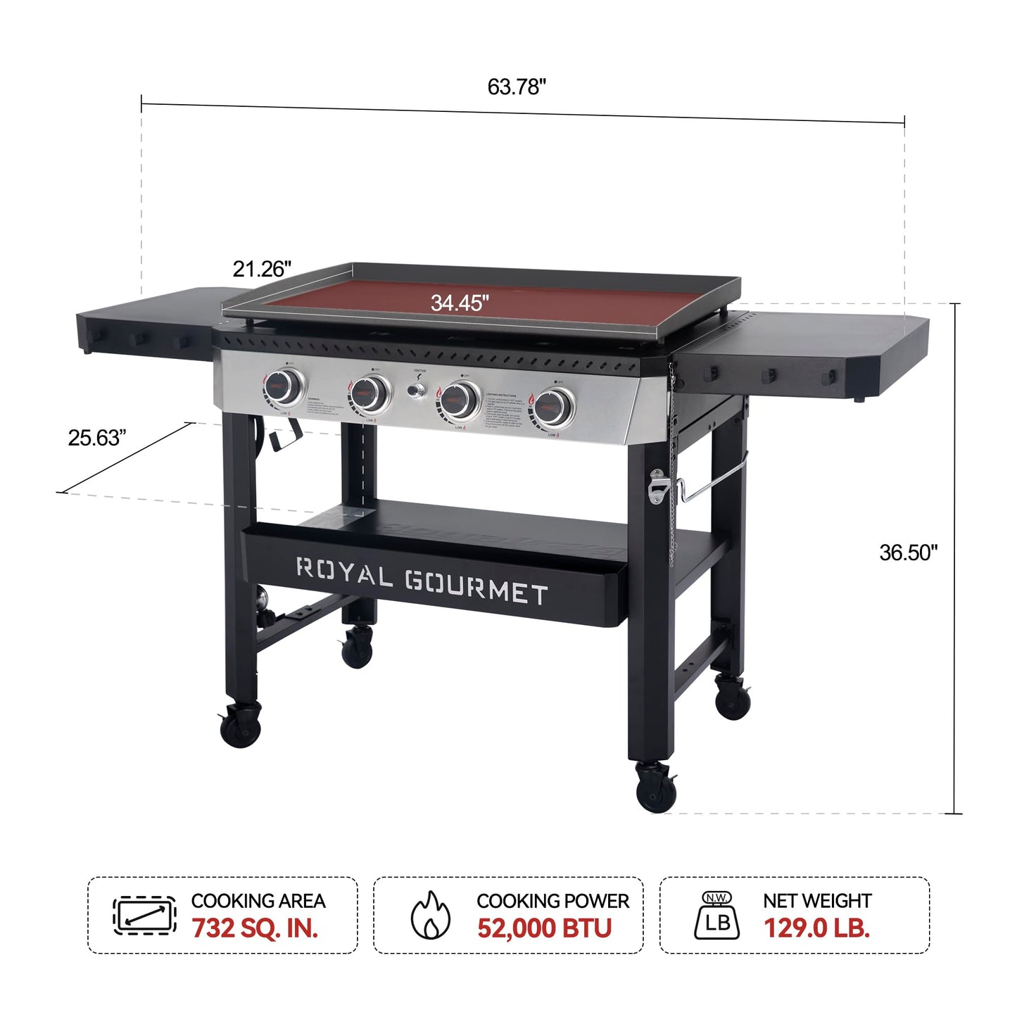 Royal Gourmet GB4007 4 Burner Propane Gas Griddle with Folding Side Tables, 34-Inch Flat Top Grill with 52,000 BTUs Output for Outdoor Cooking like Camping or Tailgating, Black & Silver