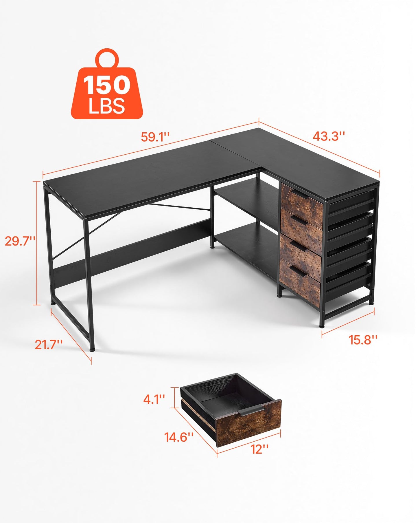 VEVOR L-Shaped Computer Desk, 59-inch Reversible Corner Gaming Desk with Drawers & Storage Shelves, Modern Stylish PC Table Sturdy Work Workstation for Home Office - Easy to Assembly