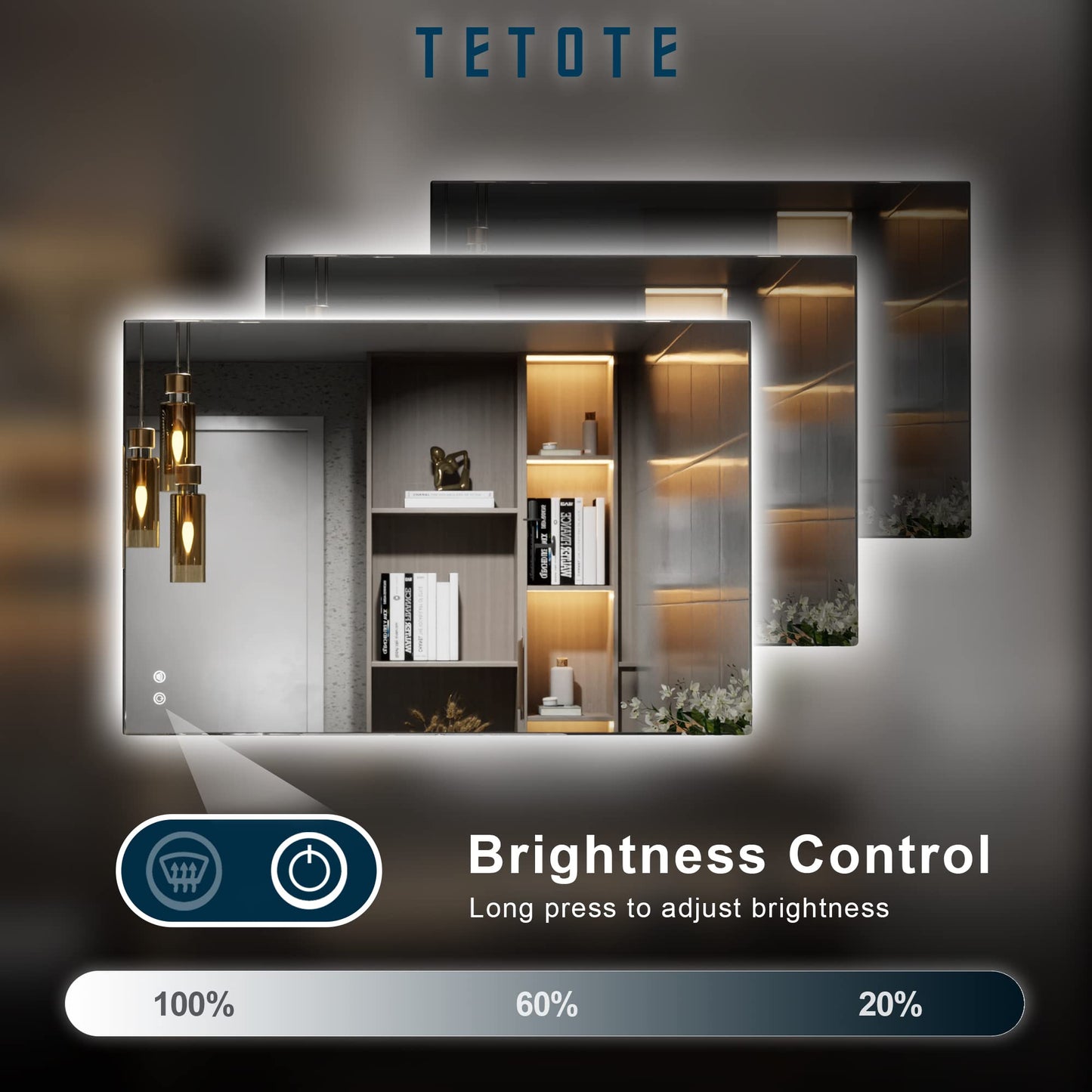 TETOTE 24 x 36 Inch LED Mirror Backlit Bathroom,Anti-Fog Mirror with Light,Dimmable,CRI90+,IP54 Water Proof,Wall Mounted Vanity Lighted,Horizontal/Vertical