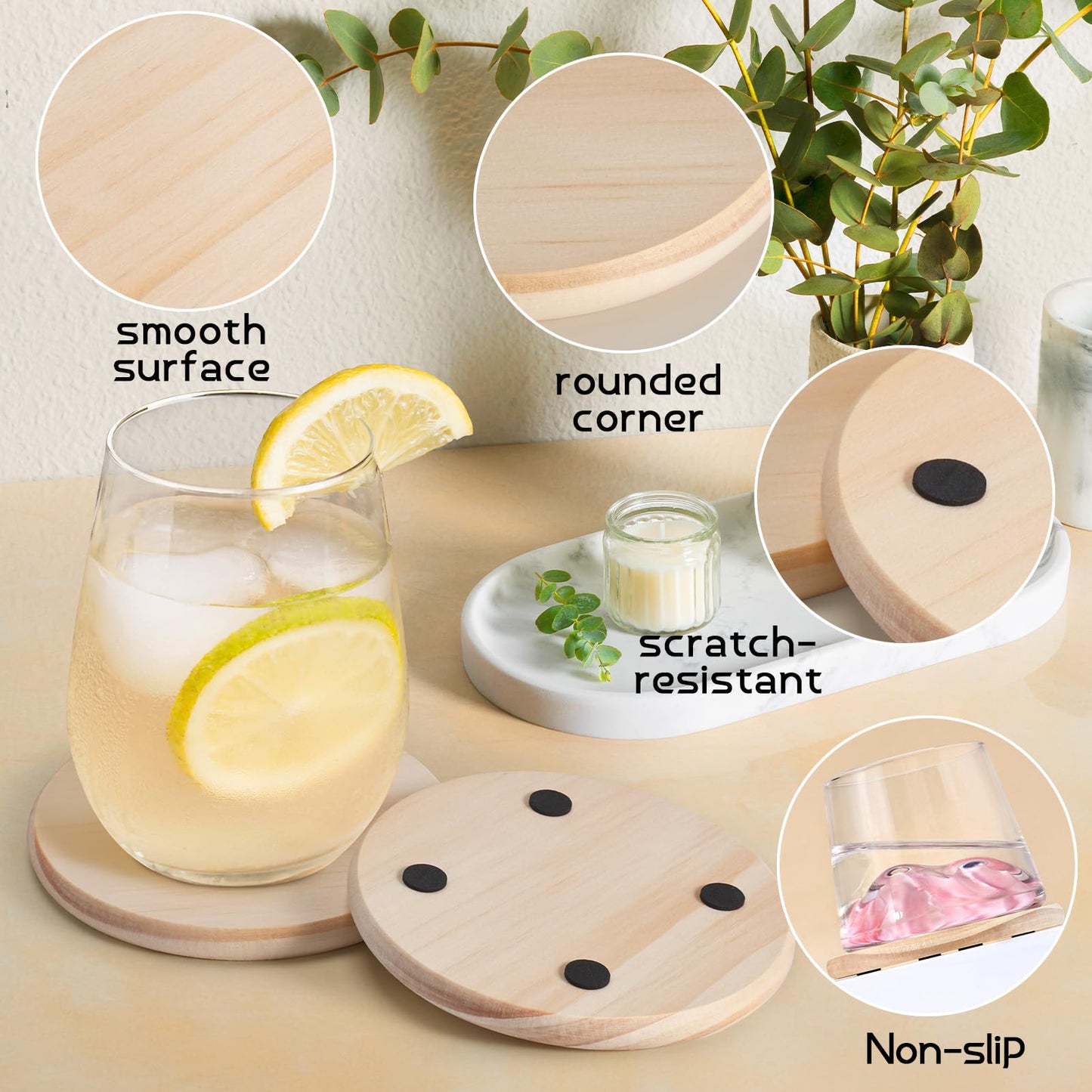 12 PCS 5 Inch Unfinished Wood Coasters, GOH DODD 4 Inch Wooden Blanks with Non-Slip Pads for Laser Engraving Wood Burning Staining Painting Decoupage Housewarming Gifts Wedding Crafts Education, Round
