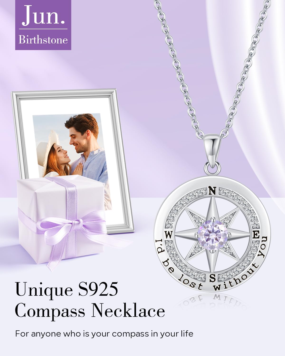 S925 Sterling Silver Necklace for Wife, Women Anniversary Year Gifts Compass Jewelry, Birthday Gift Ideas for Her Girlfriend Woman Necklaces, 18K White Gold June