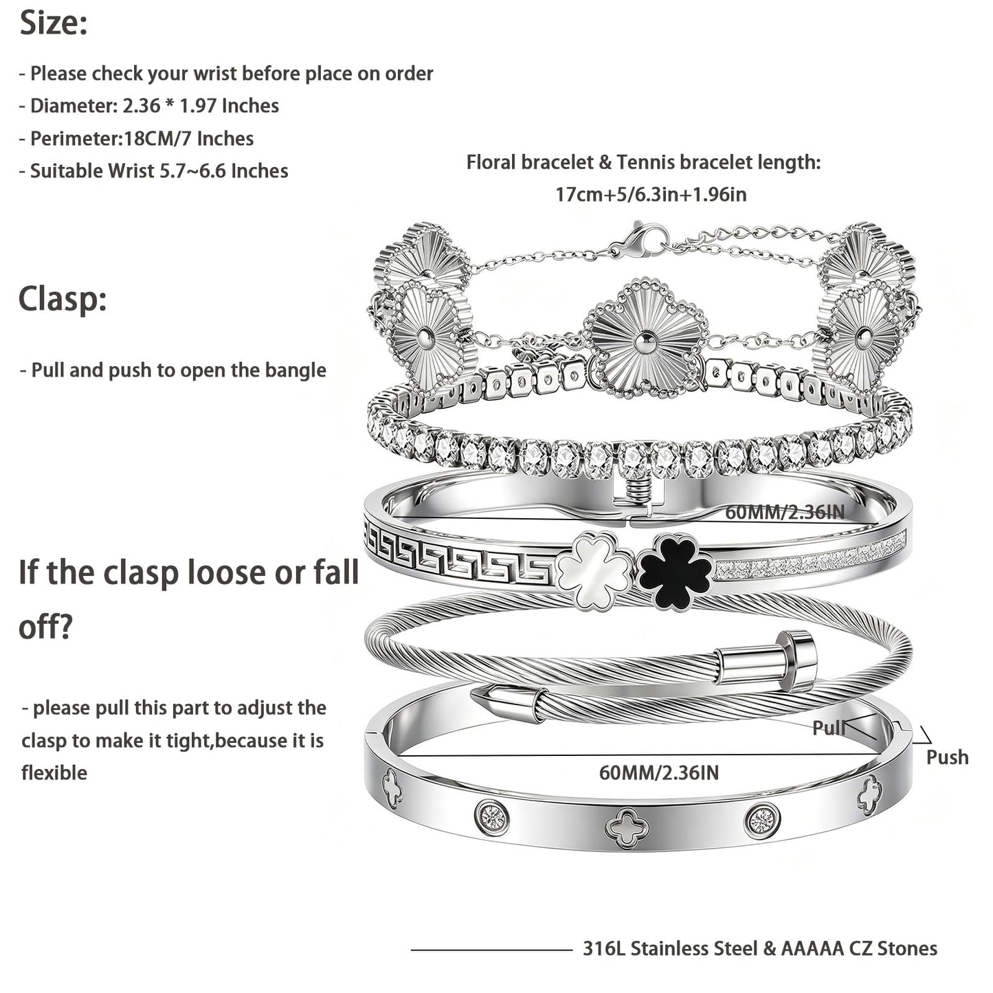 Camhanno 5pcs Gold Stackable Bracelet Set for Women - Stainless Steel Non-Tarnish Clover Lucky Charm Bangle Jewelry, Trendy Gift for Girlfriend/Wife on Christmas Valentine's Birthday