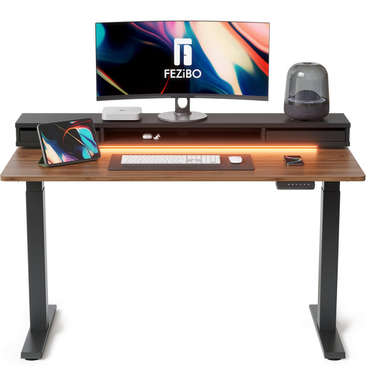 FEZIBO 60 x 24 Inch Height Adjustable Electric Standing Desk with Double Drawers, Stand Up Desk with LED Strips, Sit Stand Desk with Monitor Stand, Black Walnut