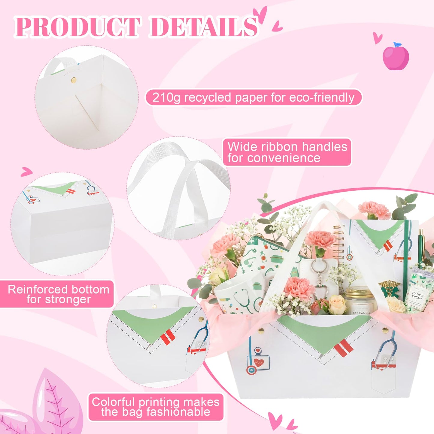 Supervitae 60 Pcs Nurse Graduation Gift Baskets Bulk with Handles, Empty DIY Paper Gift Basket Kit with Tissue Paper, Appreciation Gifts Baskets Treat Bag for Nursing, Nurse Week Party Supplies(White)