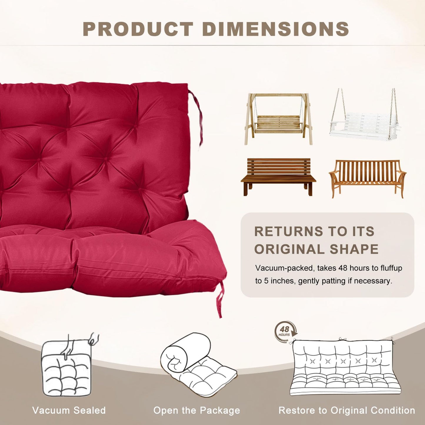 NANGELRN Porch Swing Cushion with Backrest,Waterproof Bench Cushion for Outdoor Furniture,2-3 Seater Replacement Thickened Swing Cushion with Ties,Patio,Outdoor,Backyard and Garden (Wine Red,60x40)