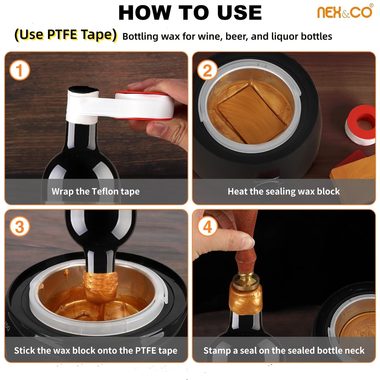 NEX&CO Bottle Sealing Wax Blocks - Resilient and Versatile Bottling Wax for Wine, Beer, and Liquor Bottle Sealing - 4 Black Nuggets 0.5lb with Teflon Tape - Seals 40-80 Bottles