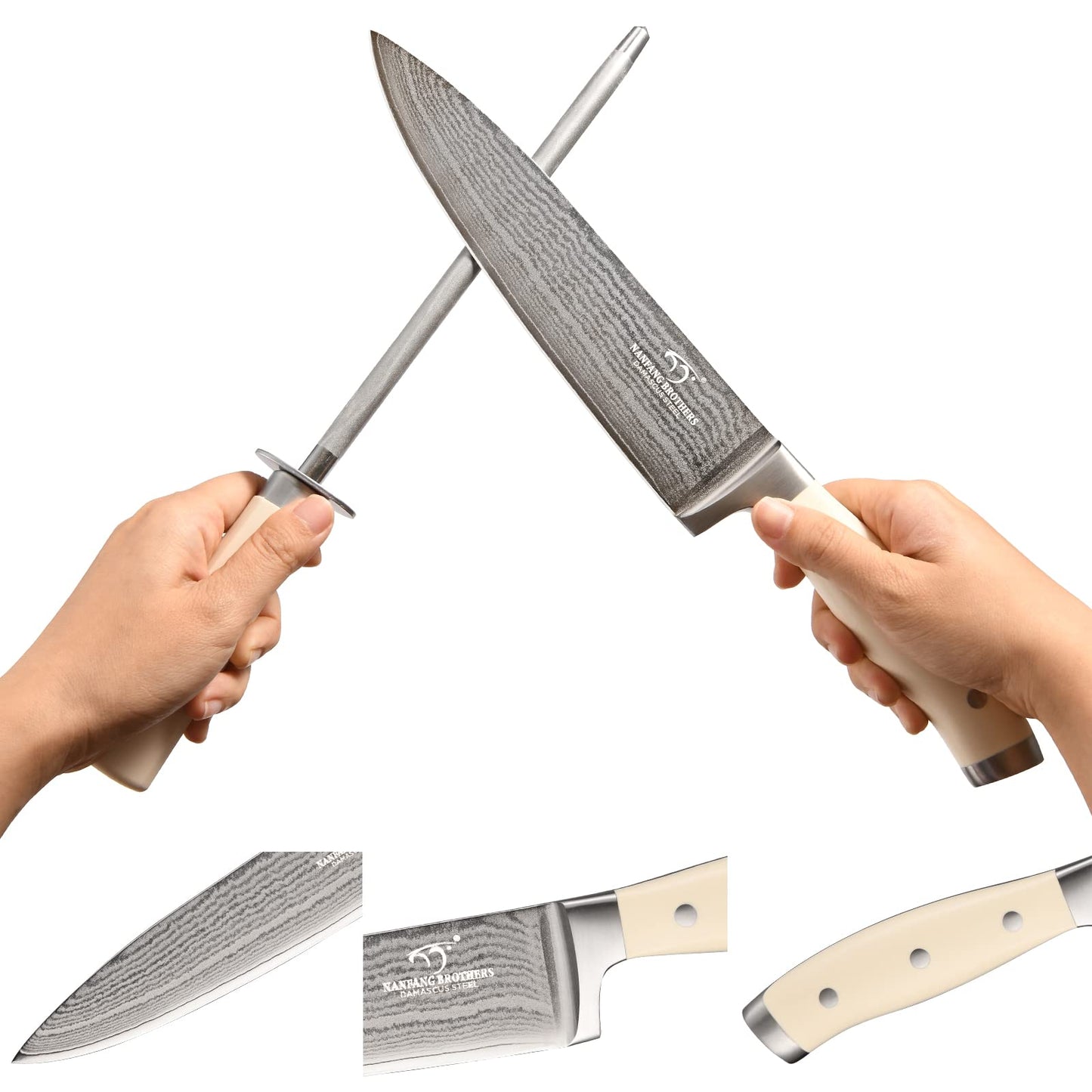 Damascus Kitchen Knife Set, 9 Pieces With Block, White ABS Triple Rivet Ergonomic Handle for Chef Knives, Sharpener and Shears