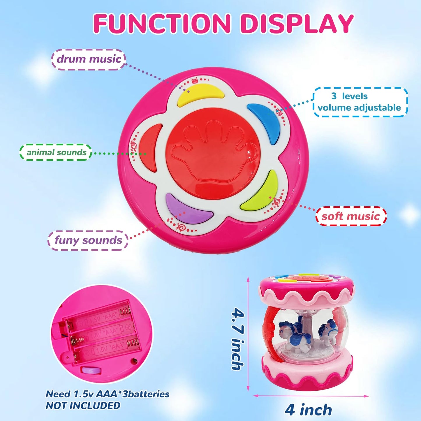 LDRYWW Baby Girl Toys 18+ Months Hand Drum Rotating Musical Light Up Sensory Activity Crawling Toys 2 3+ Year Old Infant Girls Baby Gifts (Pink)