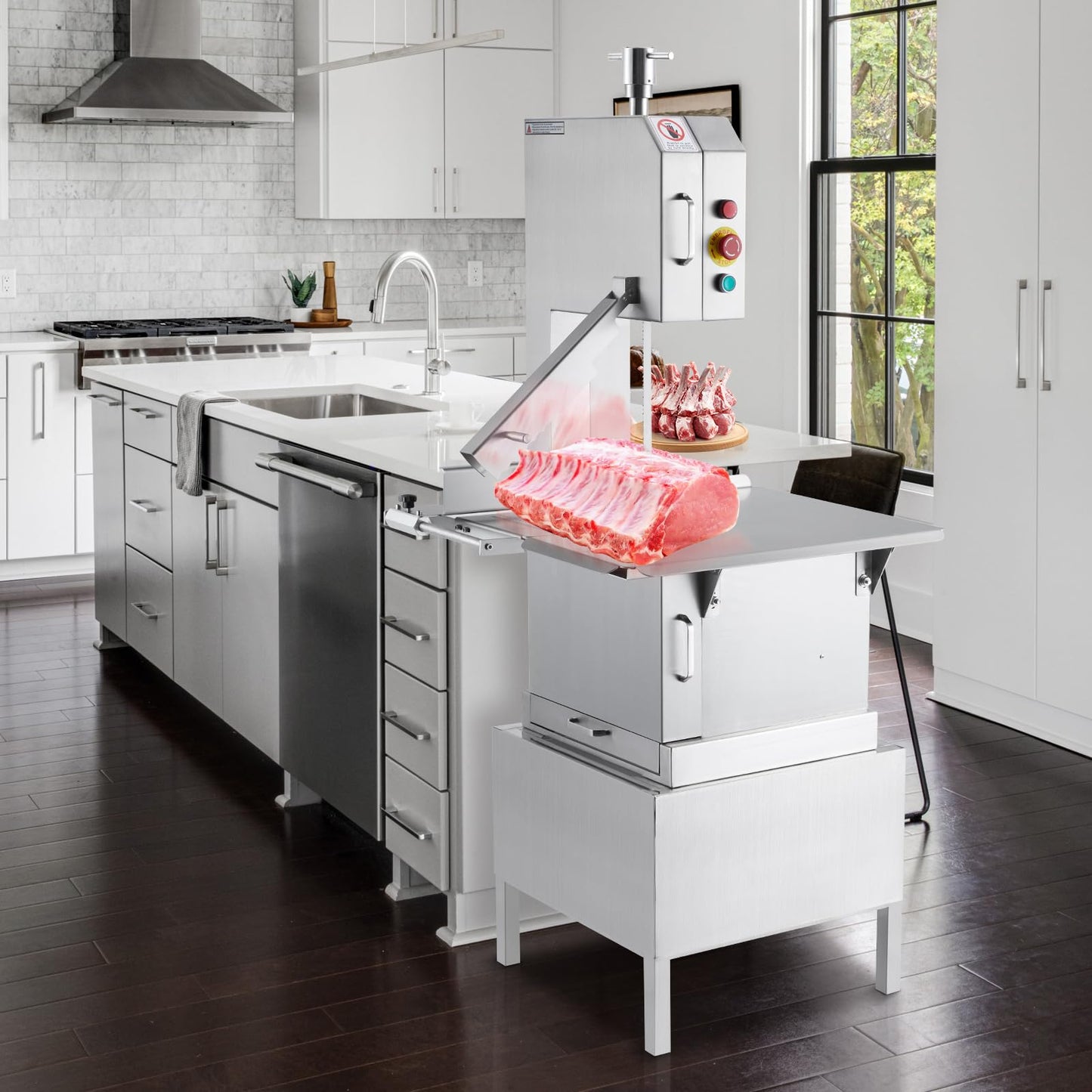 GarveeTech Electric Bone Saw Machine, 850 w Countertop Commercial Meat Saw, Stainless Steel Workbench Bone Cutting Bandsaw, 4 in Max Cutting Thickness, Sawing Speed 15 m/s Frozen Meat Cutter