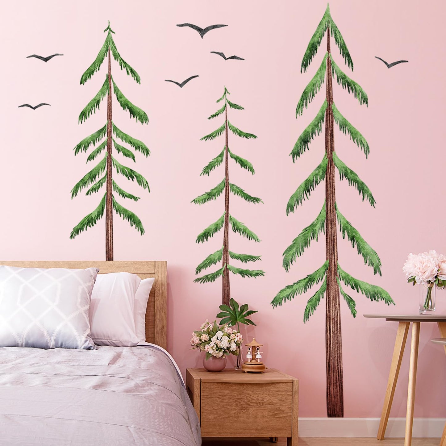 LiveGallery Removable Large 3 Pine Brown Tree Wall Decals Green Leaf With Black flying Birds Wall Sticker DIY Peel and Stick Plants Wall art Decor for Kids Girls Boys Teens Nursery Bedroom Living Room