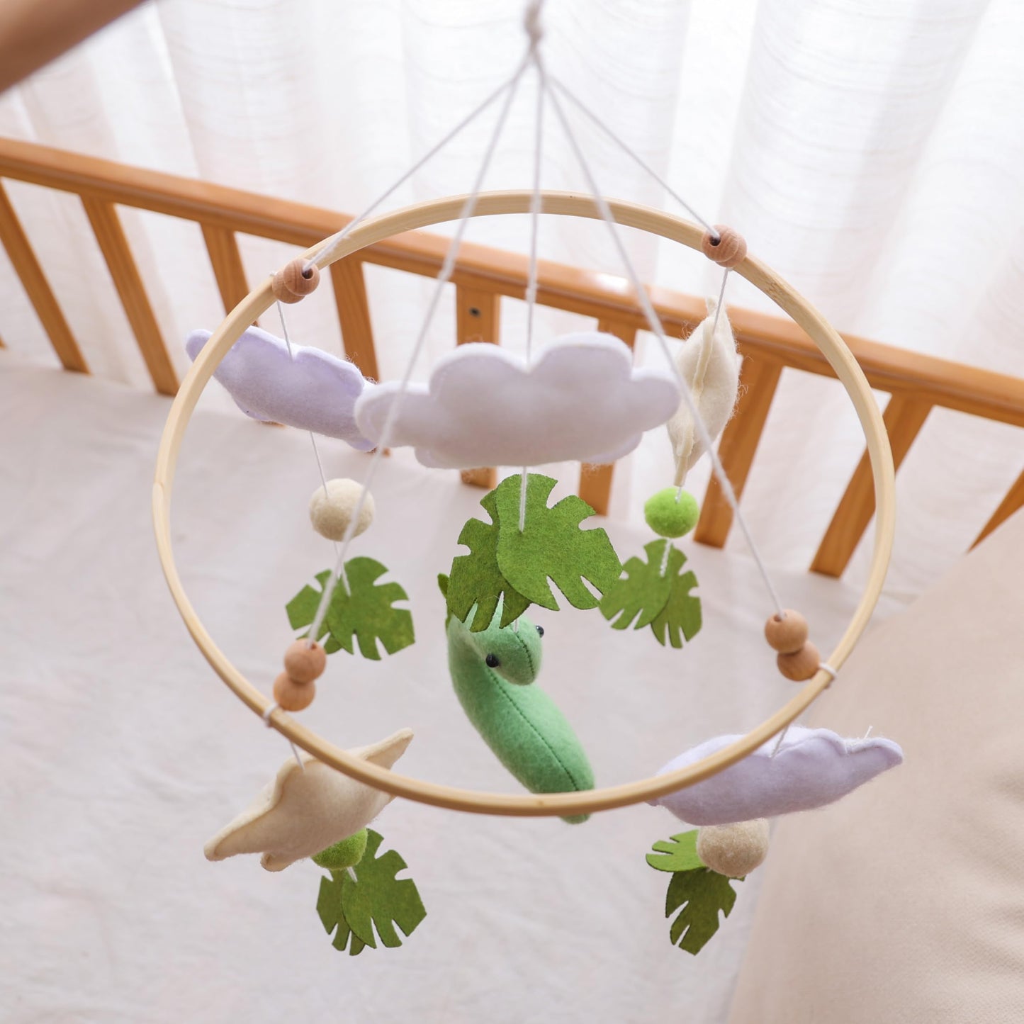 Mobile for Crib – Handmade Dinosaur Jungle Baby Mobile with Leaves & Stars, Baby Mobile for Crib Felt Hanging Toy Nursery Mobiles with Beech Wood Ring, Bassinet Mobile Dino Nursery Decor