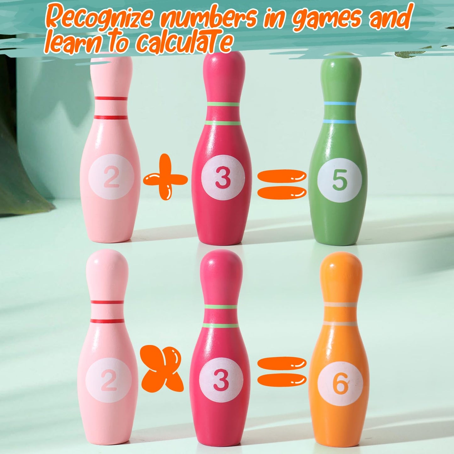 Dinhon Wooden Kids Bowling Set for Toddlers Infants Ages 2-5 - 6 Pins & 2 Balls & 6 Ferrules, Educational Early Development Indoor Outdoor Games for Boys Girls