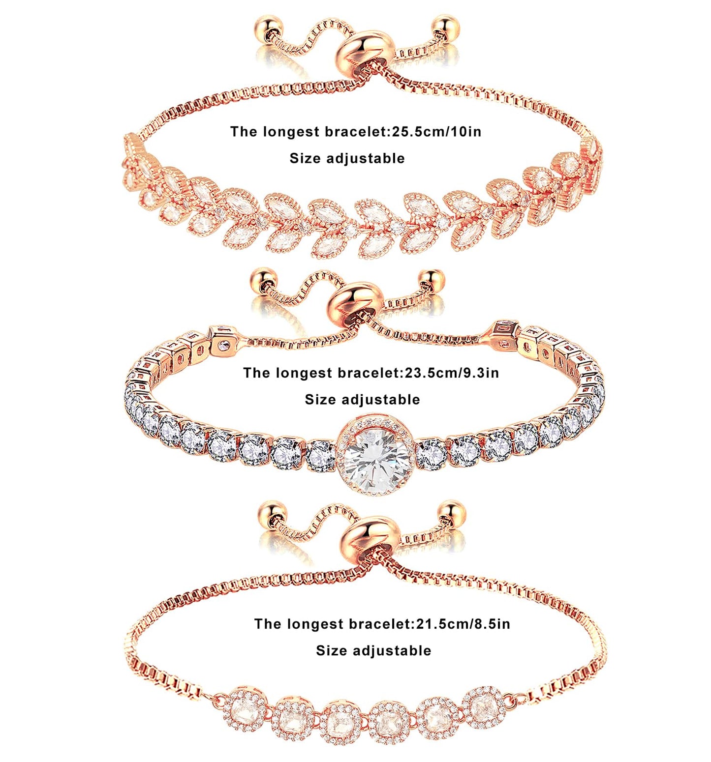 Wovanoo Tennis Bracelet for Women Cubic Zirconia Bracelets Adjustable Slider Bracelets Rose Gold