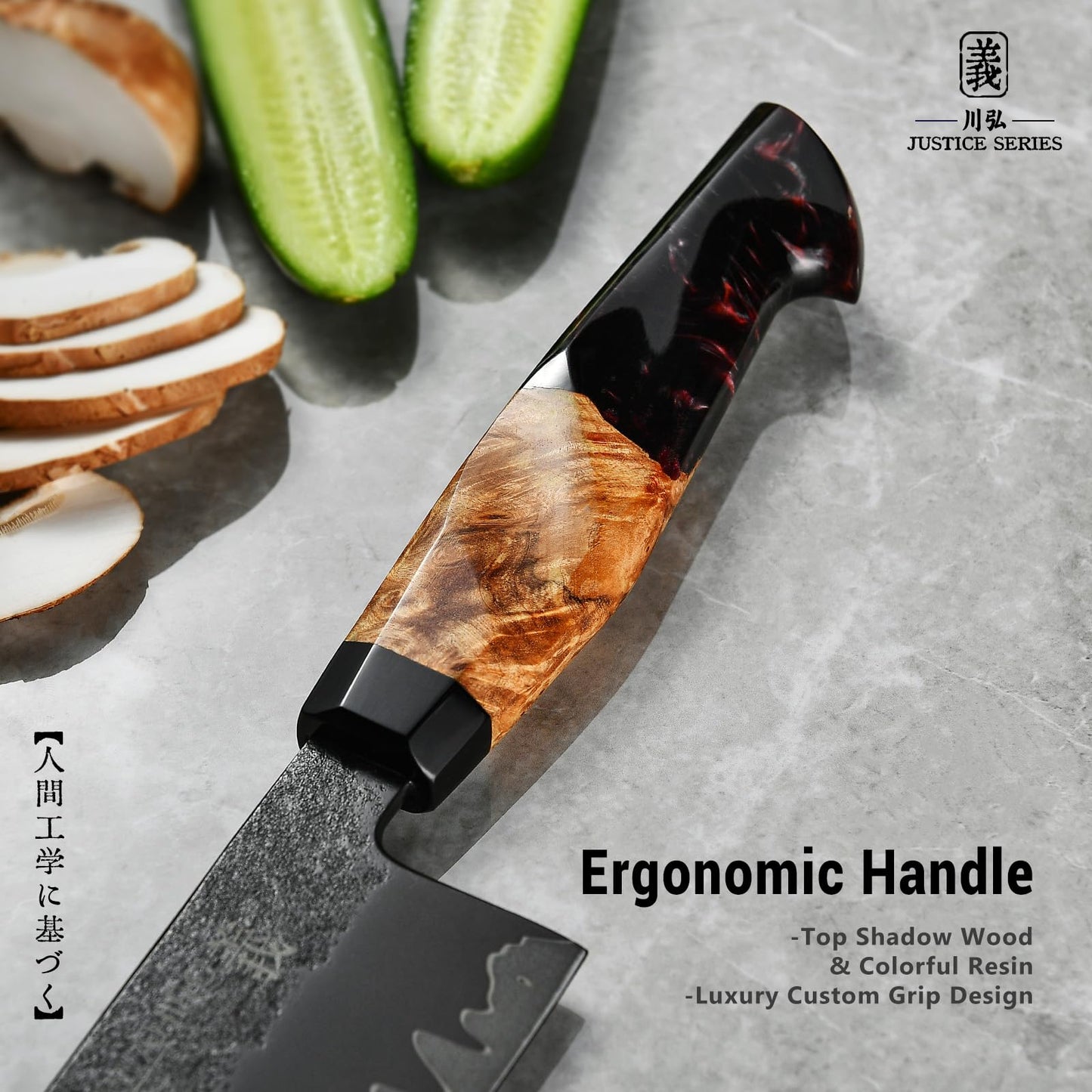 Japanese Blackened Gyuto Chef Knife, 8 Inch Hand Forged Tri-Ply SG2 Powder Steel Kitchen Knives, Professional Japan Chefs Knife with Luxurious Stabilized Wood Ergonomic Handle, Best Cooking Gifts